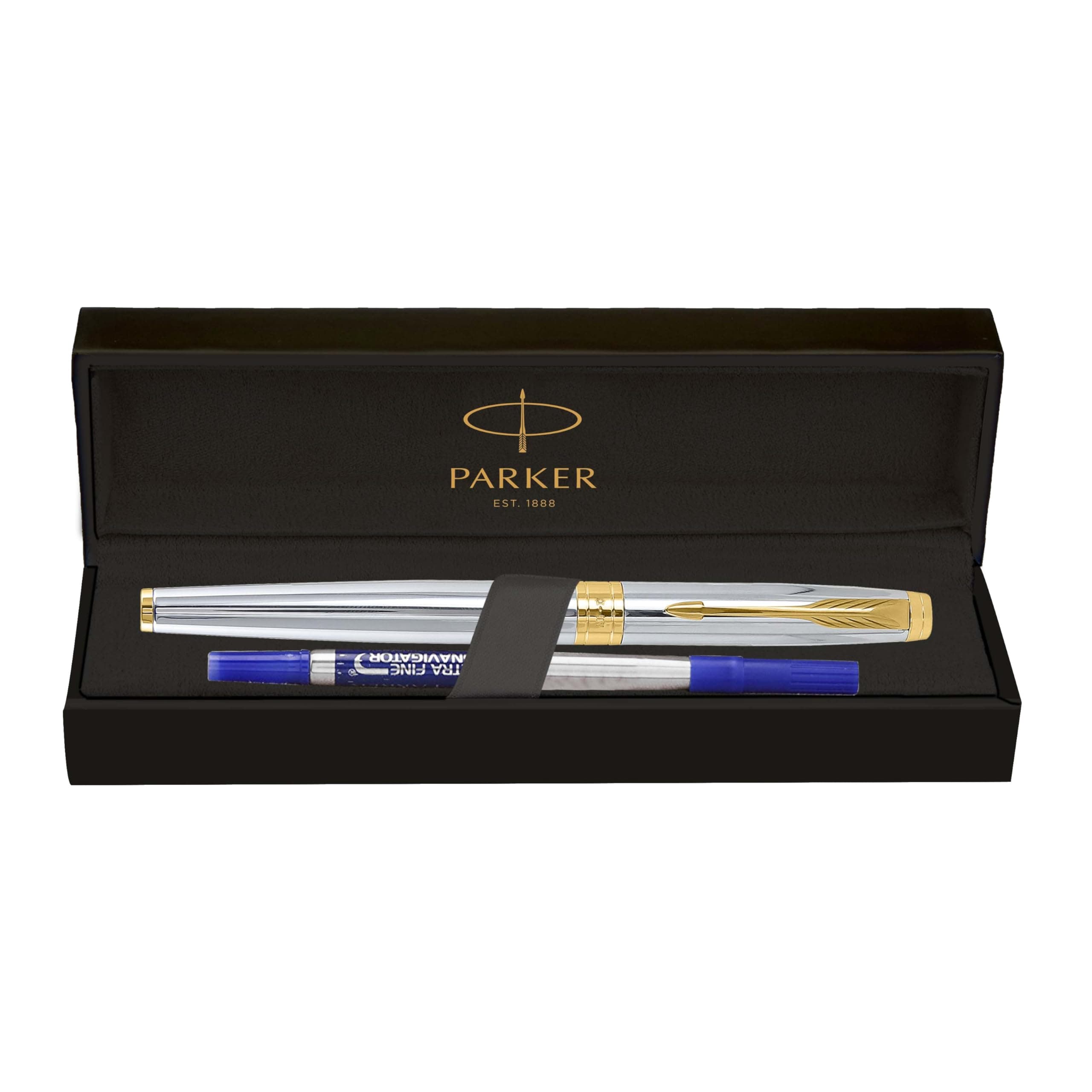 Parker Aster Shiny Chrome Gold Trim Roller Ball Pen | Body Color - Shiny chrome | Ink Color - Blue