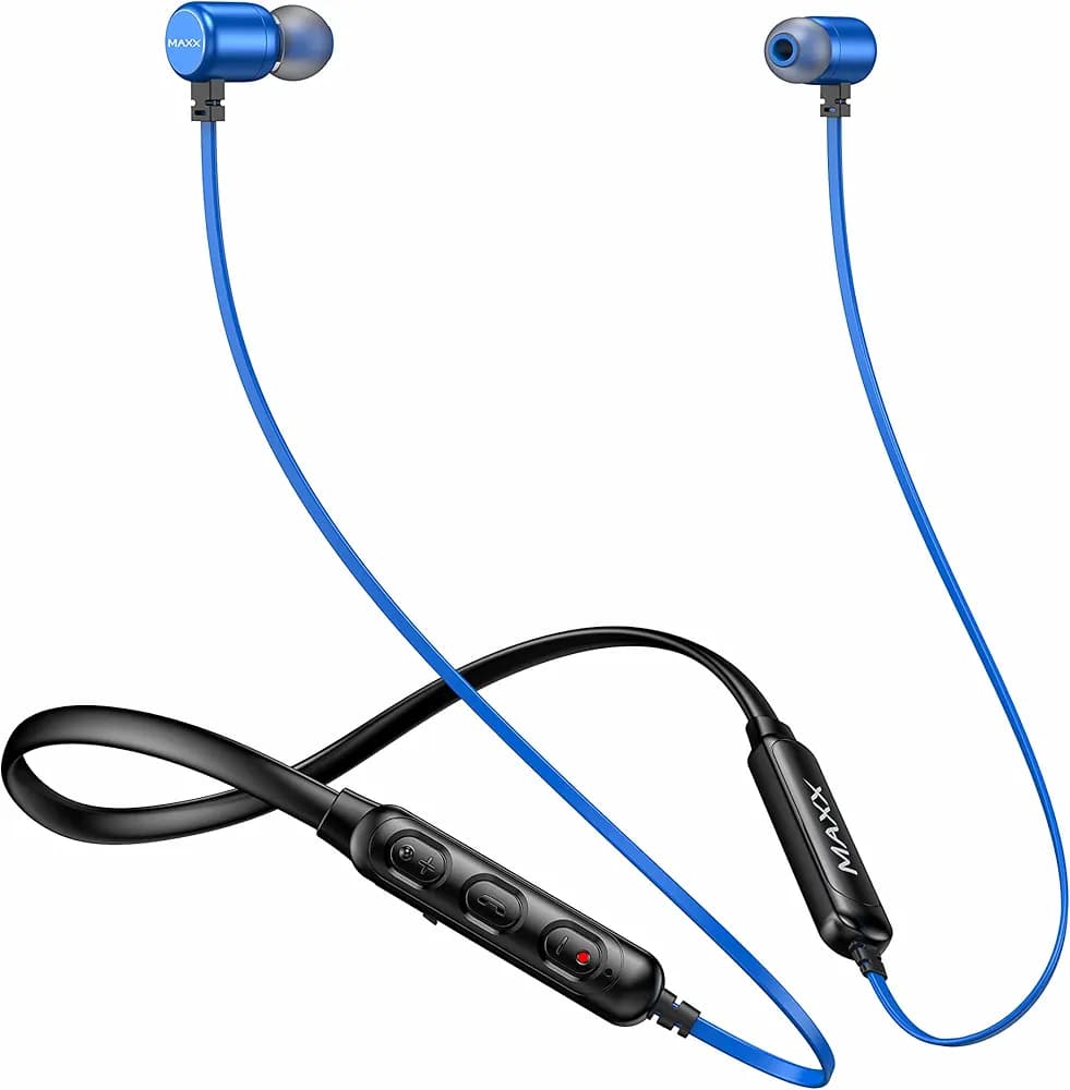 Maxx NX2 Wireless in-Earphone with Upto 25Hrs Playtime, Dual Pairing, Noise Cancellation, Rapid Charge, Magnetic, IPX6 with Mic (Black/Blue)