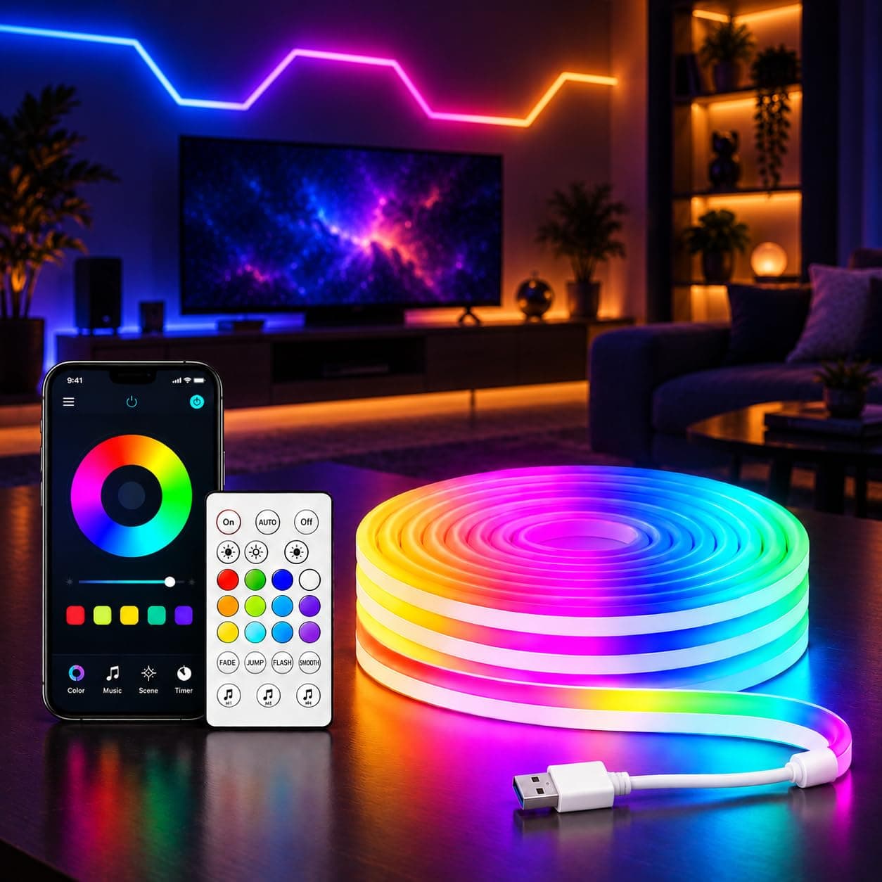 Desidiya RGB Neon LED Strip Light with App & Remote Control | Music Sync | USB Powered | Waterproof & Flexible Led Rope Light for Room, Gaming, Party,...