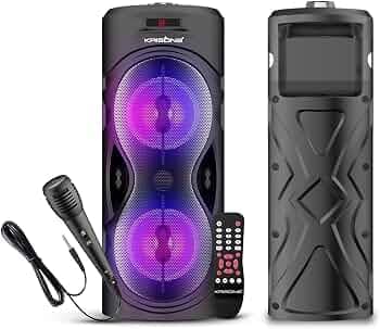 Krisons Buddy Double Woofer 40W Multi-Media Bluetooth Party Speaker with Wired Mic for Karaoke,2400 MAH Battery, Digital Display,RGB Lights, USB, SD C...