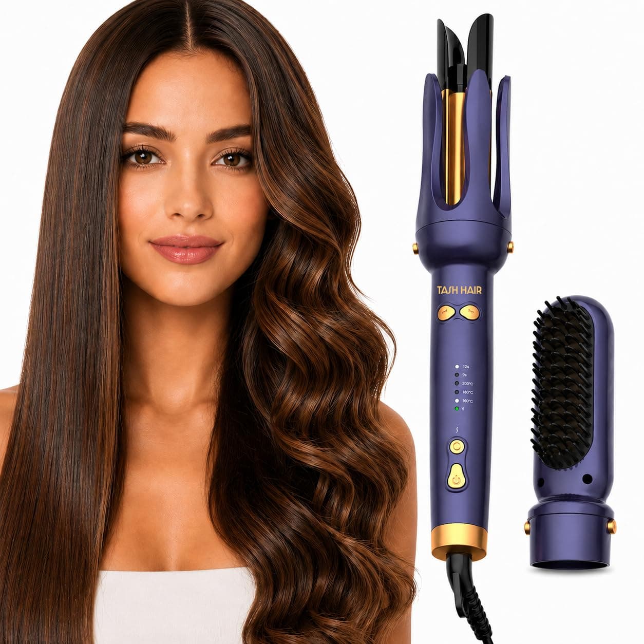 Tash Hair 2 in 1 Hair Curler Machine & Straightening Brush Combo for Women- 3 Heat Modes, 2 Curl Timers, Ionic Technology for Frizz-Free Finish, Autom...