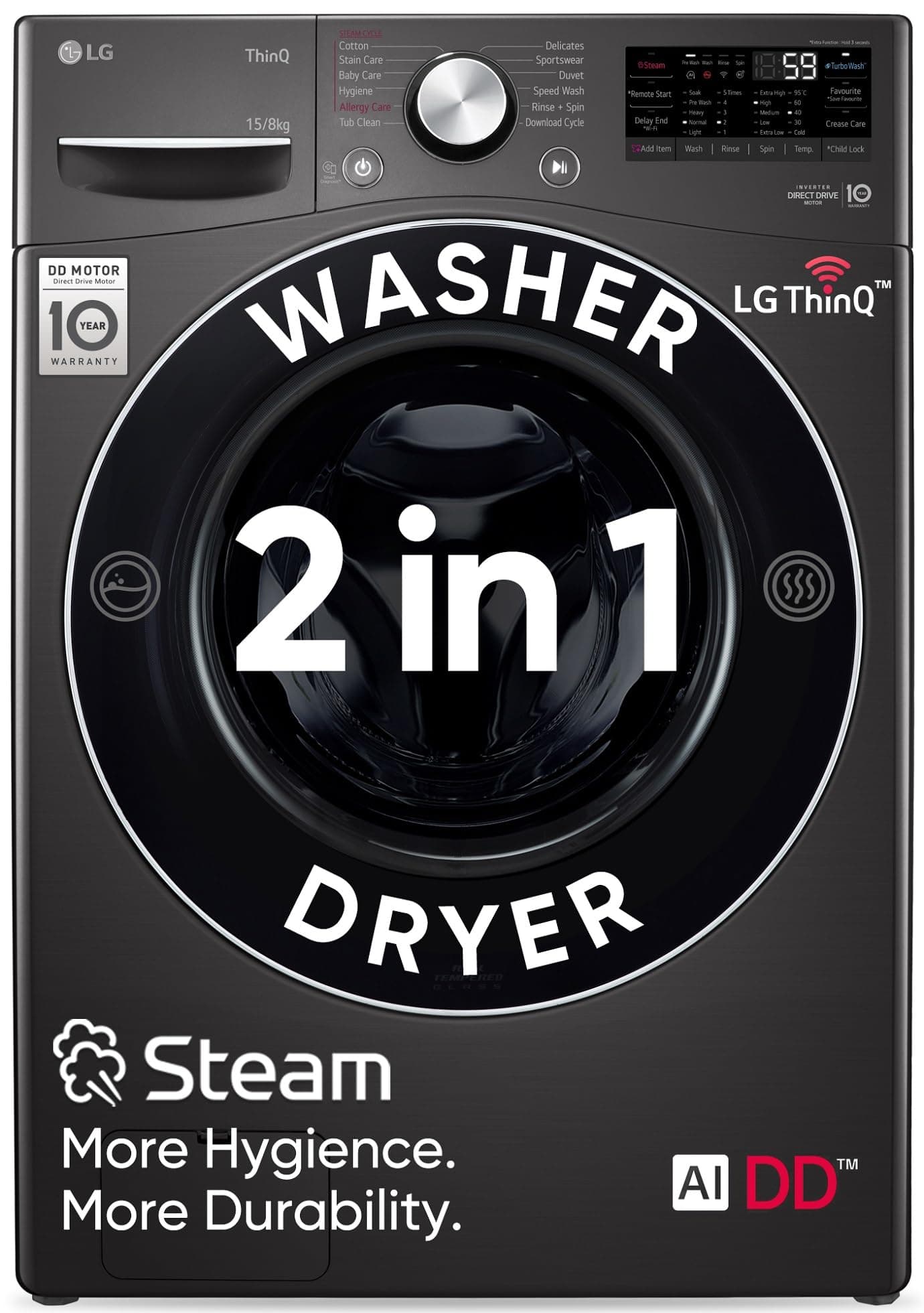 LG 15 Kg (Wash) / 8 Kg (Dry) Ai Direct Drive with Wi-Fi Fully Automatic Front-Loading Washer Dryer (FHD1508STB, With Steam Remove Allergen & TurboWash...