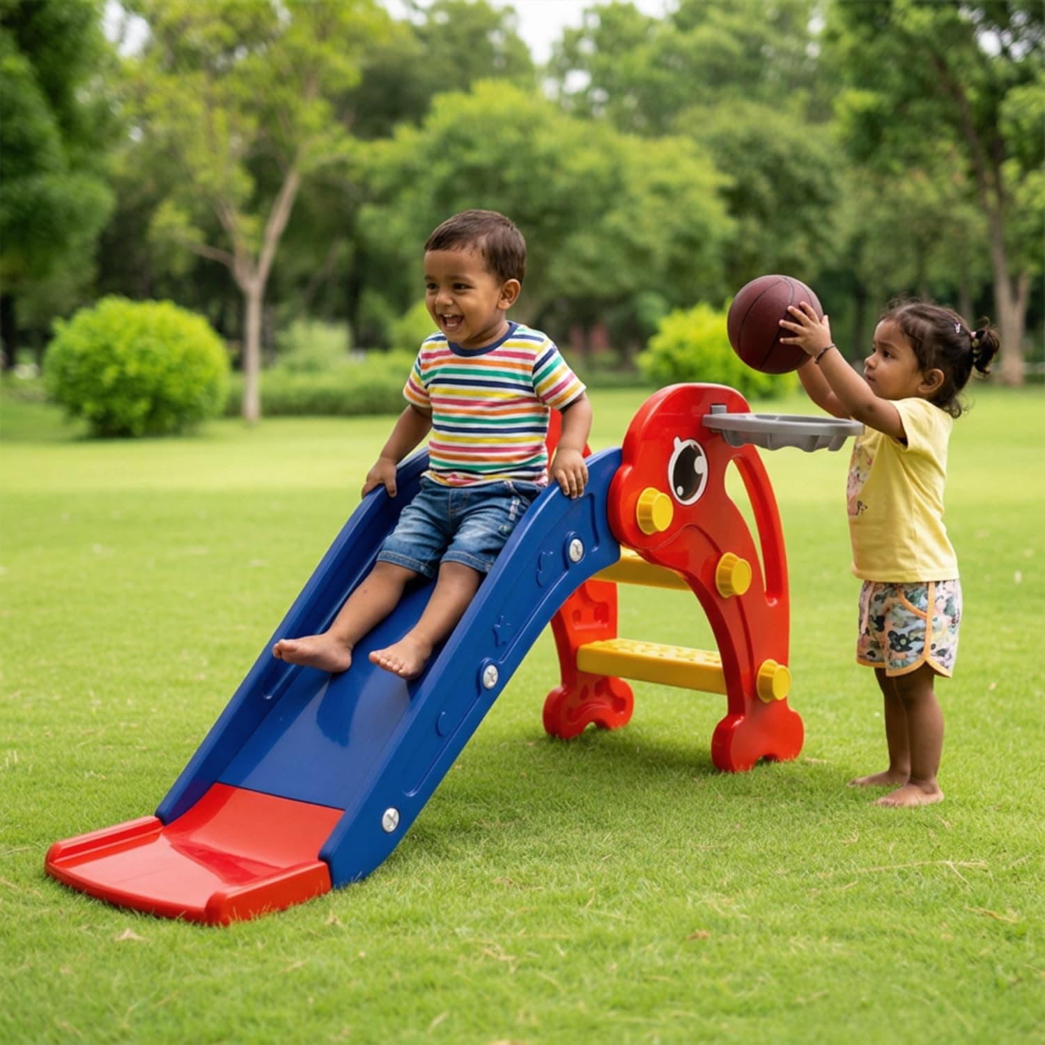 Amazon Brand - Solimo Dolphin Slide for Toddlers with Basketball Hoop | Indoor & Outdoor Kids | Safe Plastic Climber & Slide for Boys & Girls | for 2+...