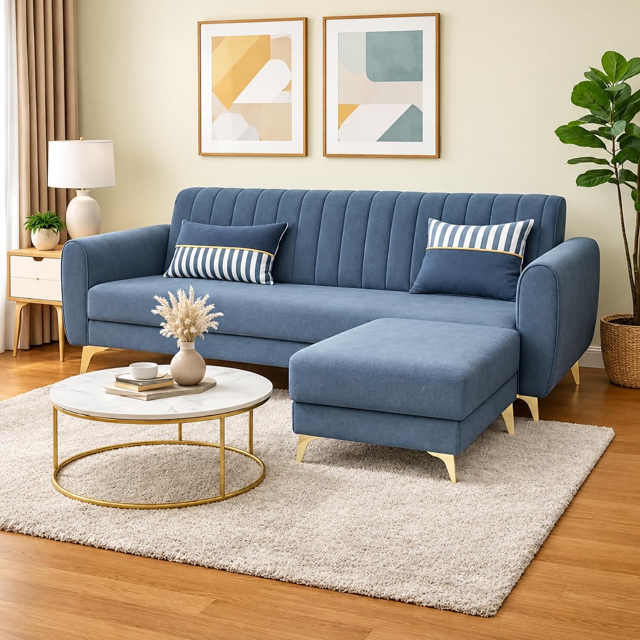 Adorn India Premium Luster 4 Seater L Shape Sofa Set | Velvet Suede Fabric | 3-Year Warranty | Color Grey with Golden Legs & Striped Pattern Cushion