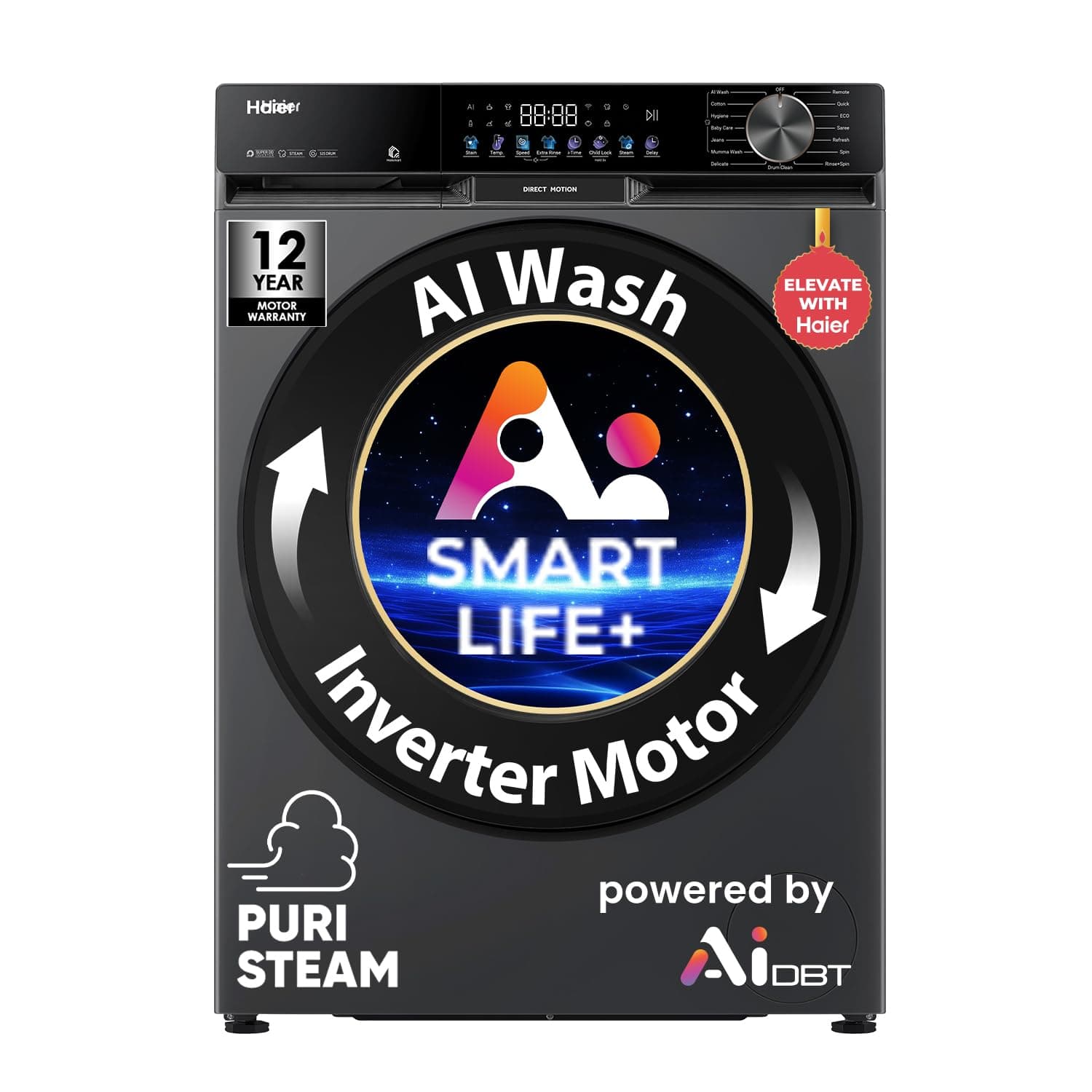 Haier 9 Kg, 5 Star, AI Smart LIFE+, Hygienic Care, ABT, 525 mm Super Drum, Refresh, Direct Motion Motor, WiFi enabled, Fully Automatic Front Load Wash...