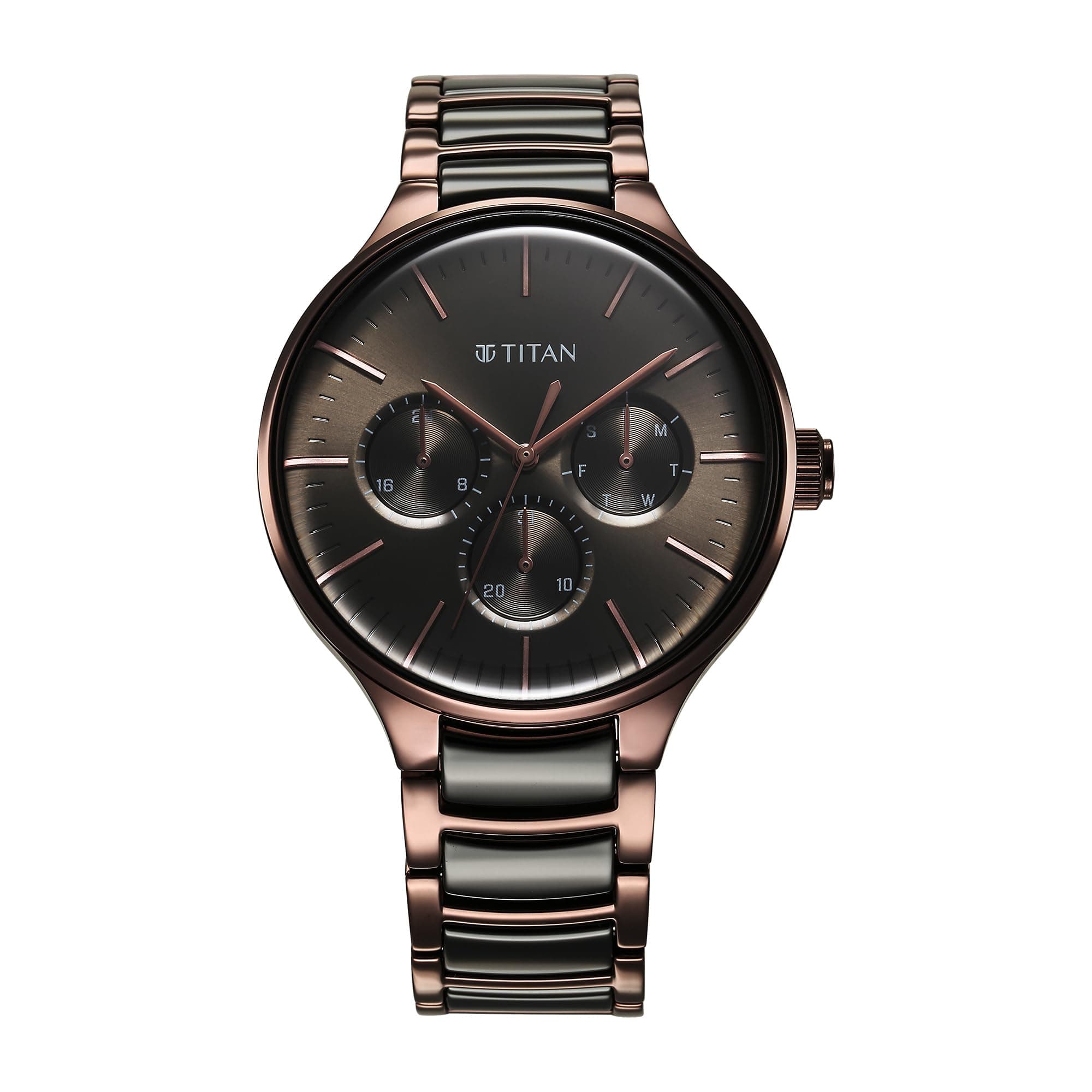 Titan Ceramic Fusion Quartz Multifunction Black Dial with Two Toned Color Stainless Steel Strap Watch for Men-90148KD05/NT90148KD05