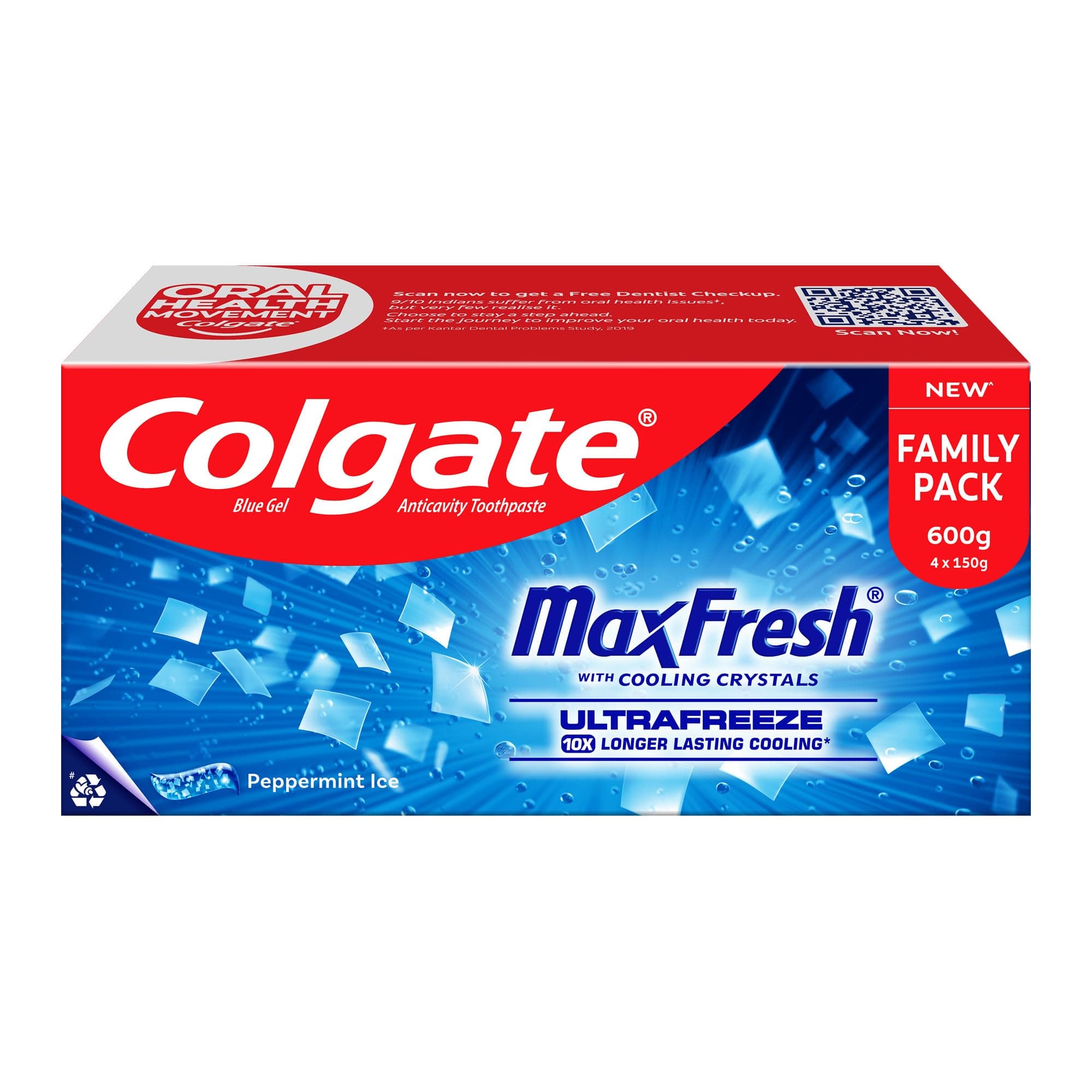 Colgate MaxFresh Breath Freshener Toothpaste, 600g (150g x 4), Peppermint Ice, Blue Gel Paste with Menthol, Cooling crystals