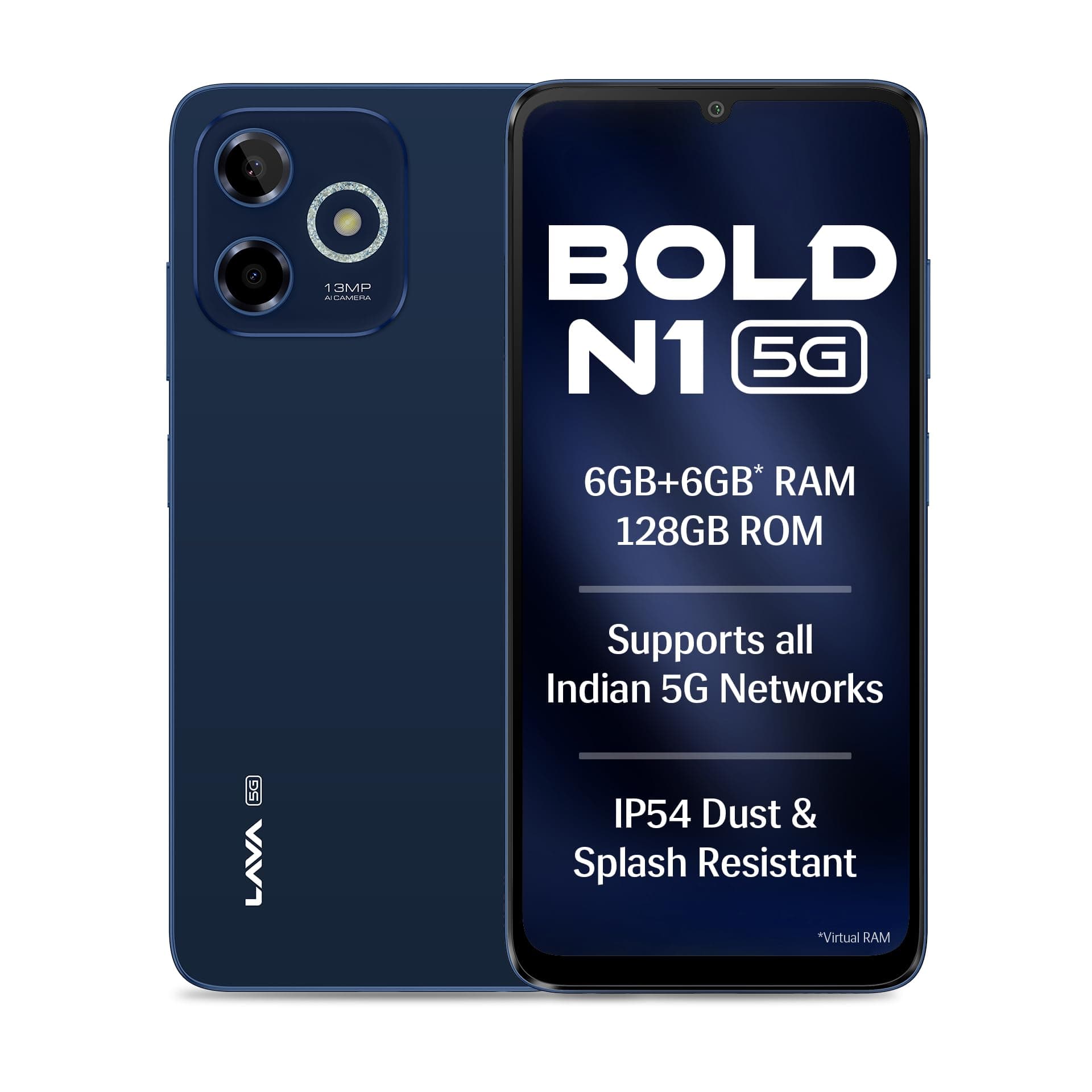 Lava Bold N1 5G (Royal Blue, 6GB RAM, 128GB Storage) |Bigger 6.75" HD+ Notch Display | Octacore 5G Processor | 13 MP AI Camera |5000 mAh Battery| IP54...