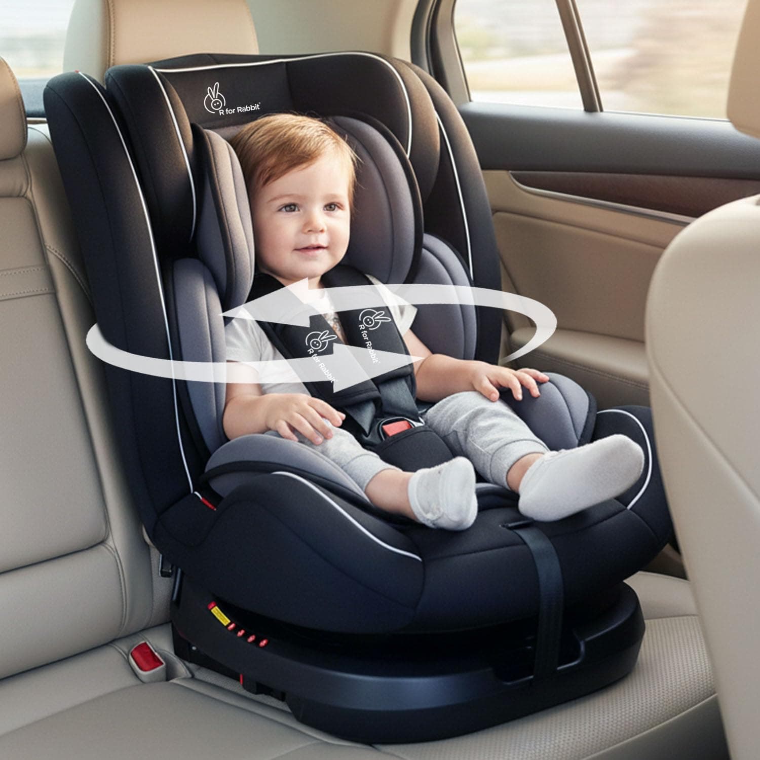 R for Rabbit Jack N Jill Grand ISOFIX Baby Car Seat Convertible 360 Rotatable Kids Car Seat of 0 to 12 Years Age Comes with 5 Point Safety Harness ECE R44/04 Safety Certified (Black Grey)