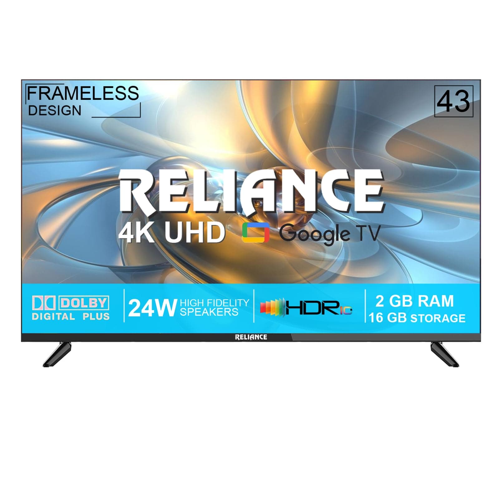 Reliance 43 inch Ultra HD 4K Smart LED Google TV | Frameless Design, 16GB Storage, Voice Remote | Netflix, JioCinema, Disney+ Hotstar | RW43GD8676UHD (Black)