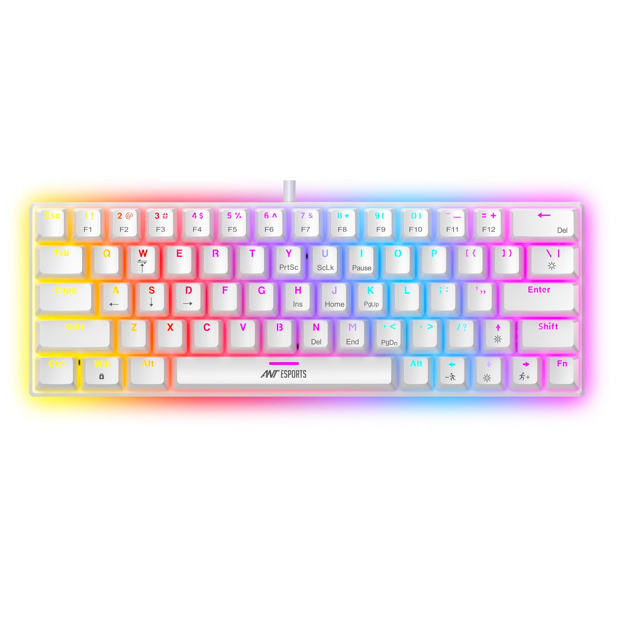 Ant Esports MK1200 Mini 60% Wired Mechanical Gaming Keyboard – Red Switch, Rainbow Backlit, 61 Keys, Anti-Ghosting, USB, Compact TKL – Compatible with Windows, macOS, PS5, Xbox, Laptop & PC (White)