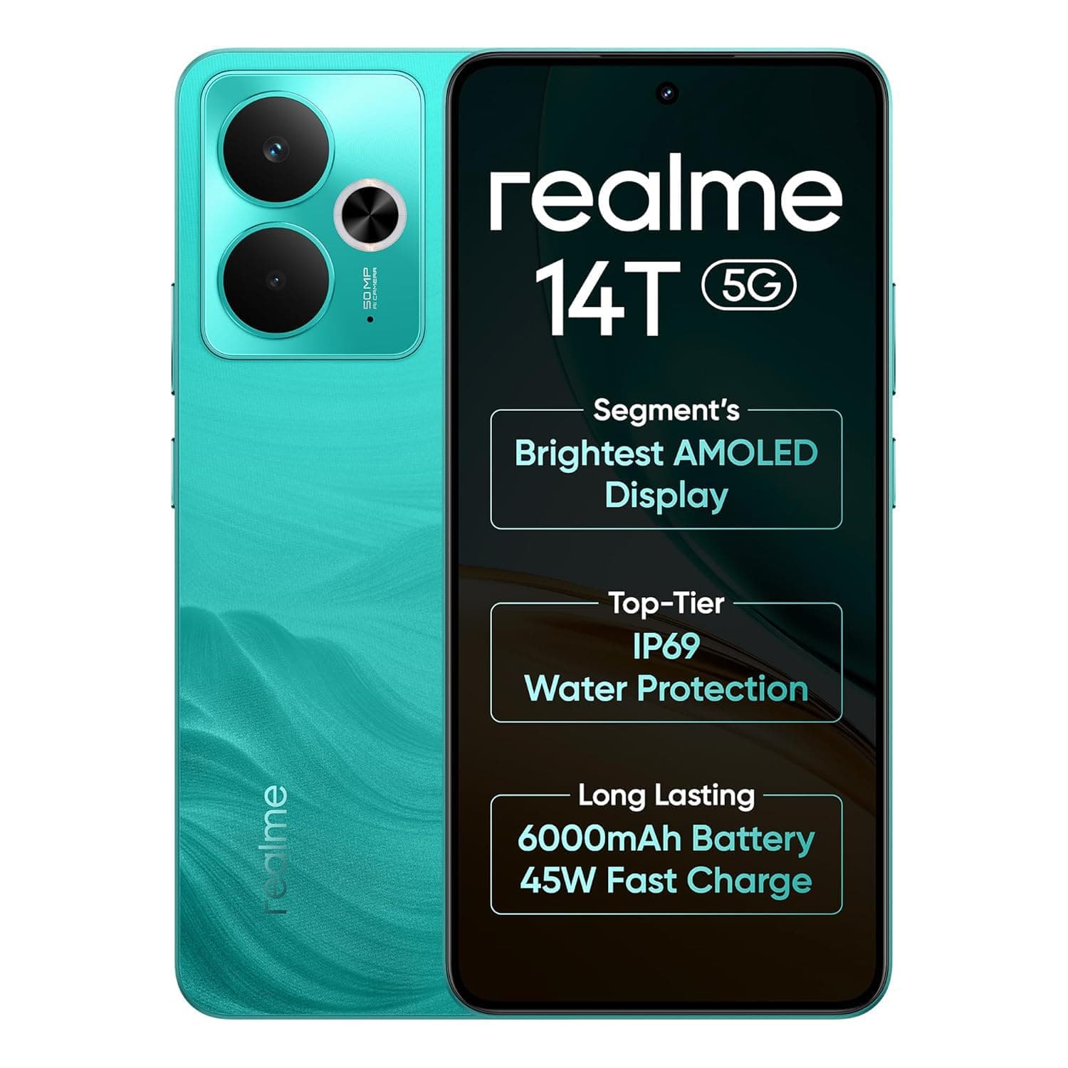 realme 14T 5G Smartphone 8+128GB Surf Green, 6.67-inch Screen, 120Hz Display, 6000mAh Battery, 68MP Camera, MediaTek Dimensity 6300, IP69
