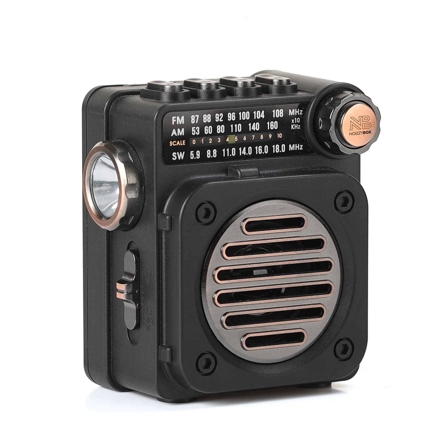 NB NOIZZYBOX Retro Buddy - 3 Band Radio (FM/AM/SW) with Bluetooth, TF Card, USB, Bright Torch Light, Analog Tuning Knob, and Wrist Band - Handheld Ret...