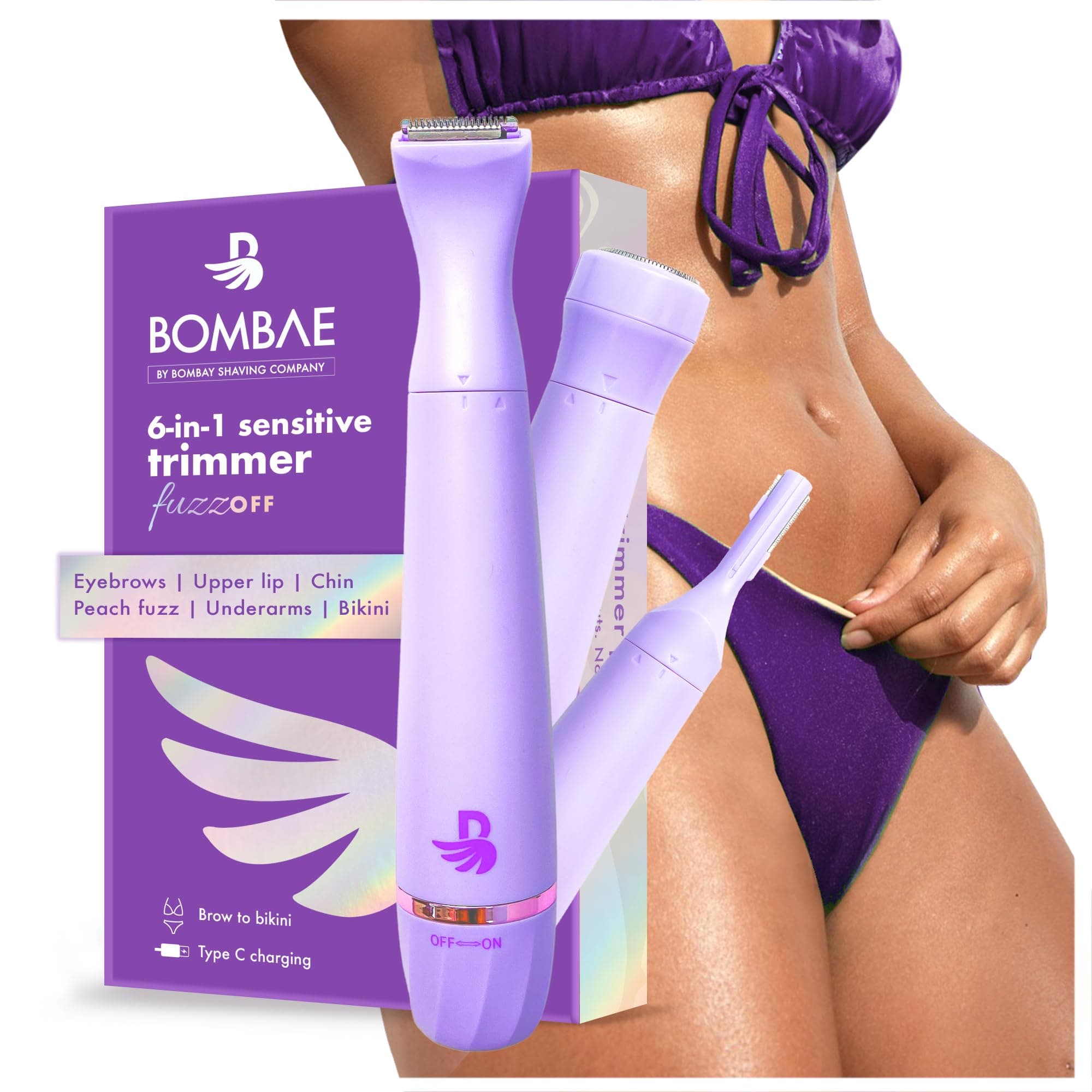 Bombae 6-in-1 Sensitive trimmer for women | Bikini trimmer for women | Eyebrow trimmer for women and facial hair trimmer attachment | 90 mins runtime ...