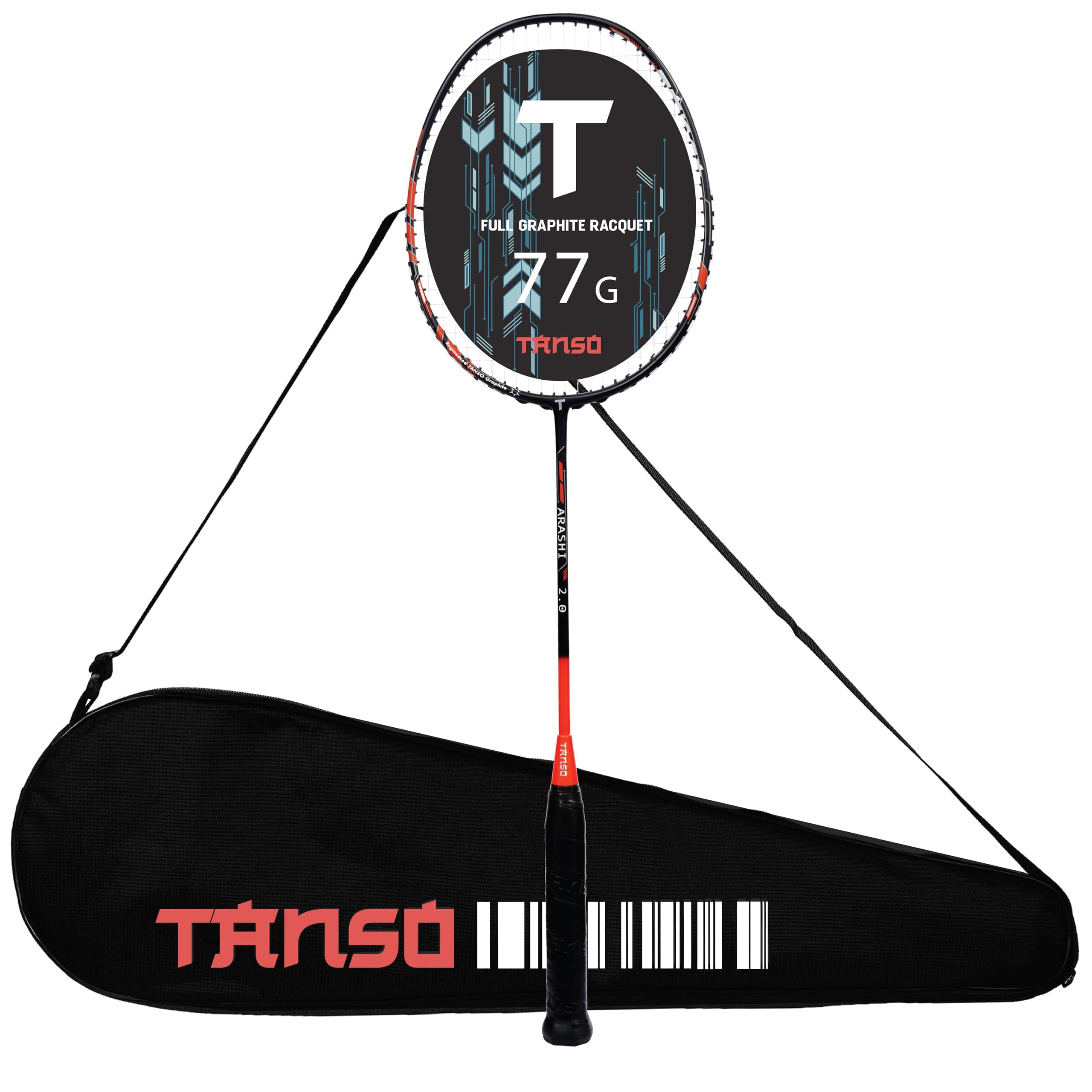 TANSO Arashi 1.0 Full Graphite High Performance Strung Badminton Racket with Free Full Racquet Cover (77 Grams, 30 Lbs Tension, Strung with T65 Premiu...