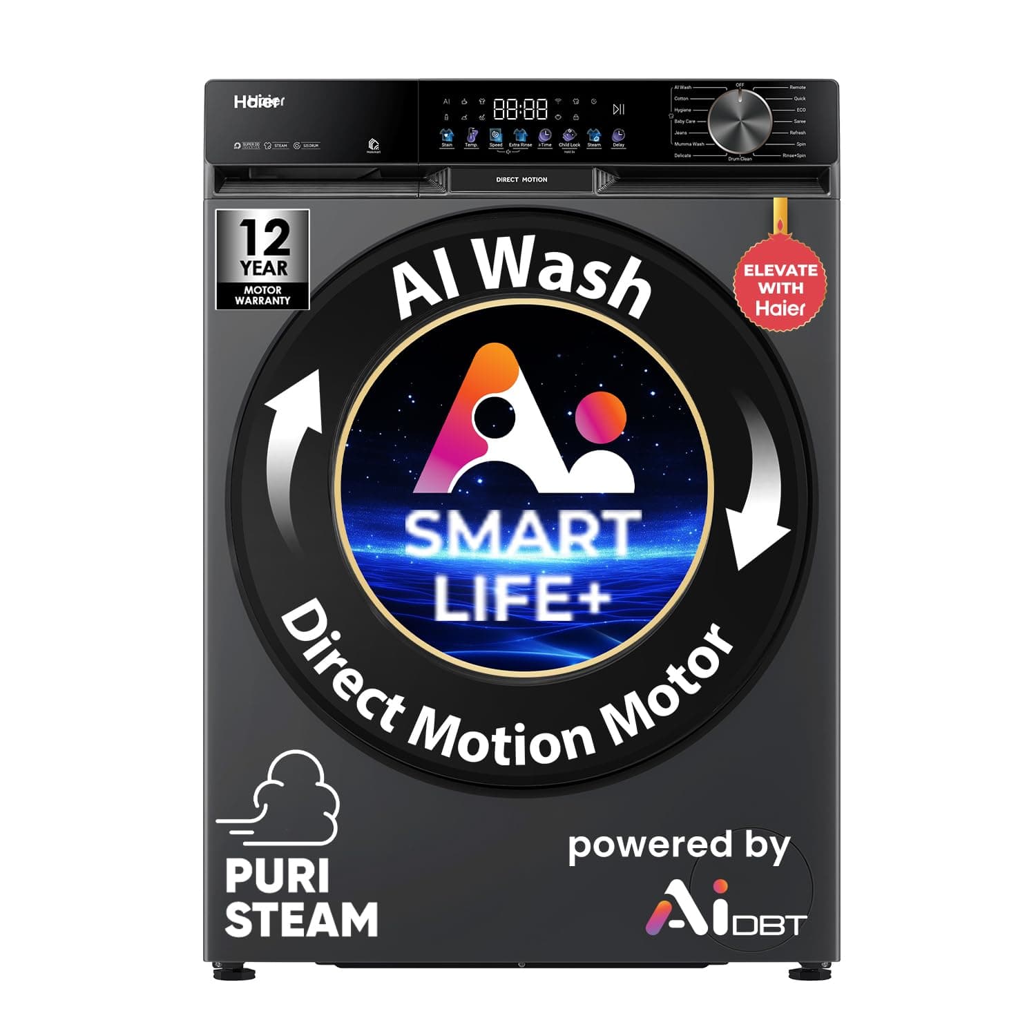 Haier 12 Kg, 5 Star, AI Smart LIFE+, Hygienic Care, ABT, 525 mm Super Drum, Refresh, Direct Motion Motor, WiFi enabled, Fully Automatic Front Load Was...