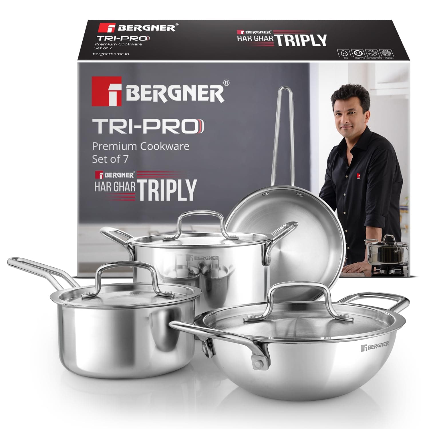 Bergner TriPro TriPly 7Pc Cookware Set, 20cm Deep Kadai, 20cm Saute Pan, 16cm Sauce Pan, 20cm Casserole, 3X Stainless Steel Lid, Ergonomic Wire Handle...