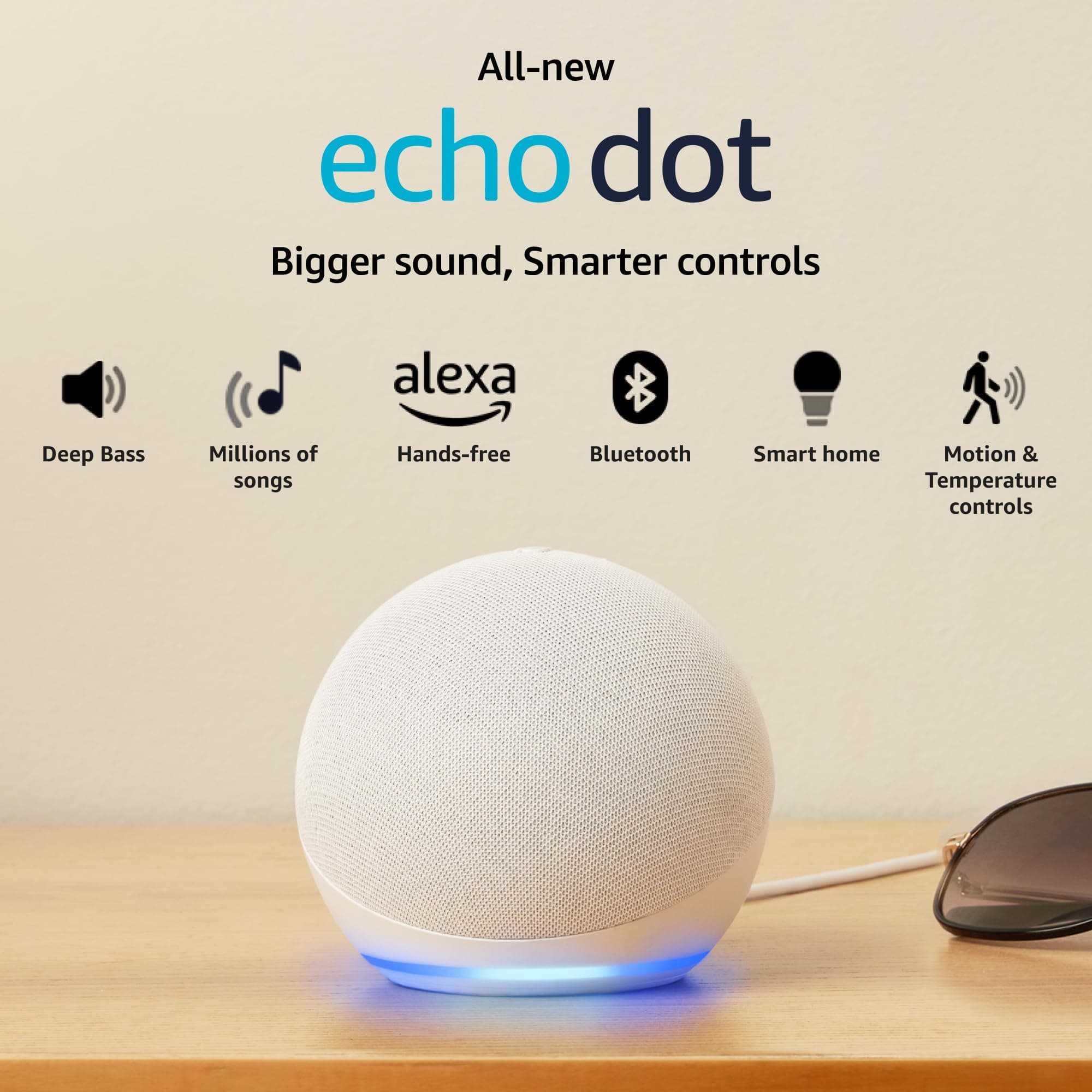 Certified Refurbished Echo Dot (5th Gen) | Smart speaker with Bigger sound, Motion Detection, Temperature Sensor, Alexa and Bluetooth| White