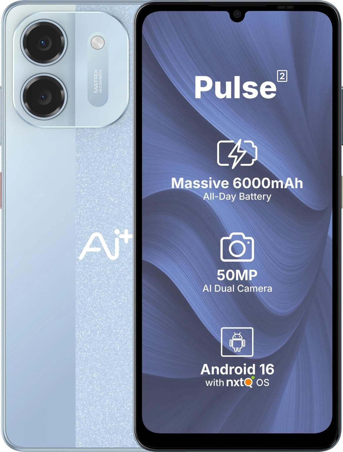 AI+ Pulse 2, 6.745 inch HD+ Display, 4GB RAM, 64GB Storage, Android 16, Unisoc T7250 Octa Core, 50MP Camera, 6000mAh Battery, Blue