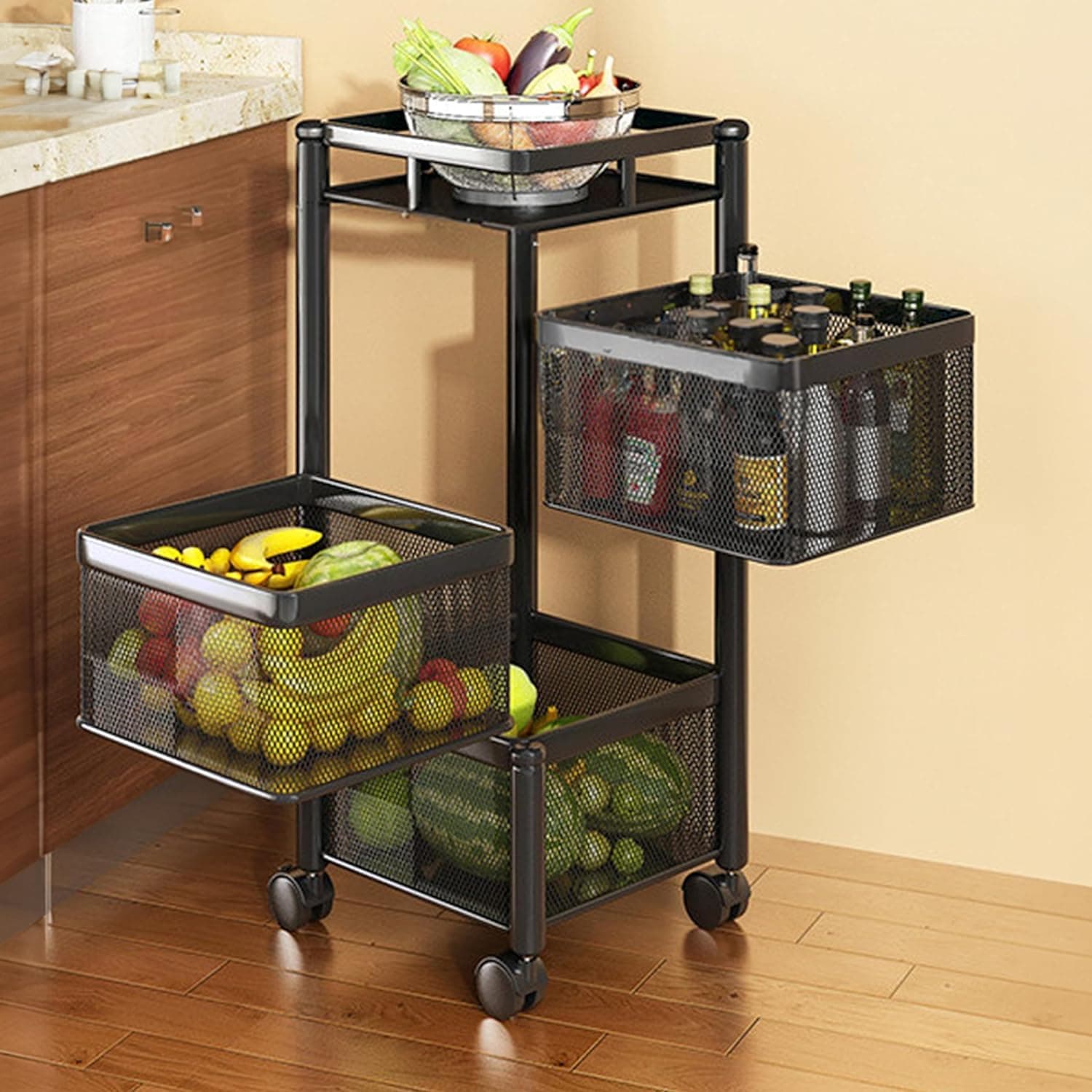 Homeor Multi-Purpose Mesh Rotating Trolley Storage Organizer & Kitchen Accessories Items for Kitchen Storage Rack Design for Fruits & Vegetable, 3 Lay...