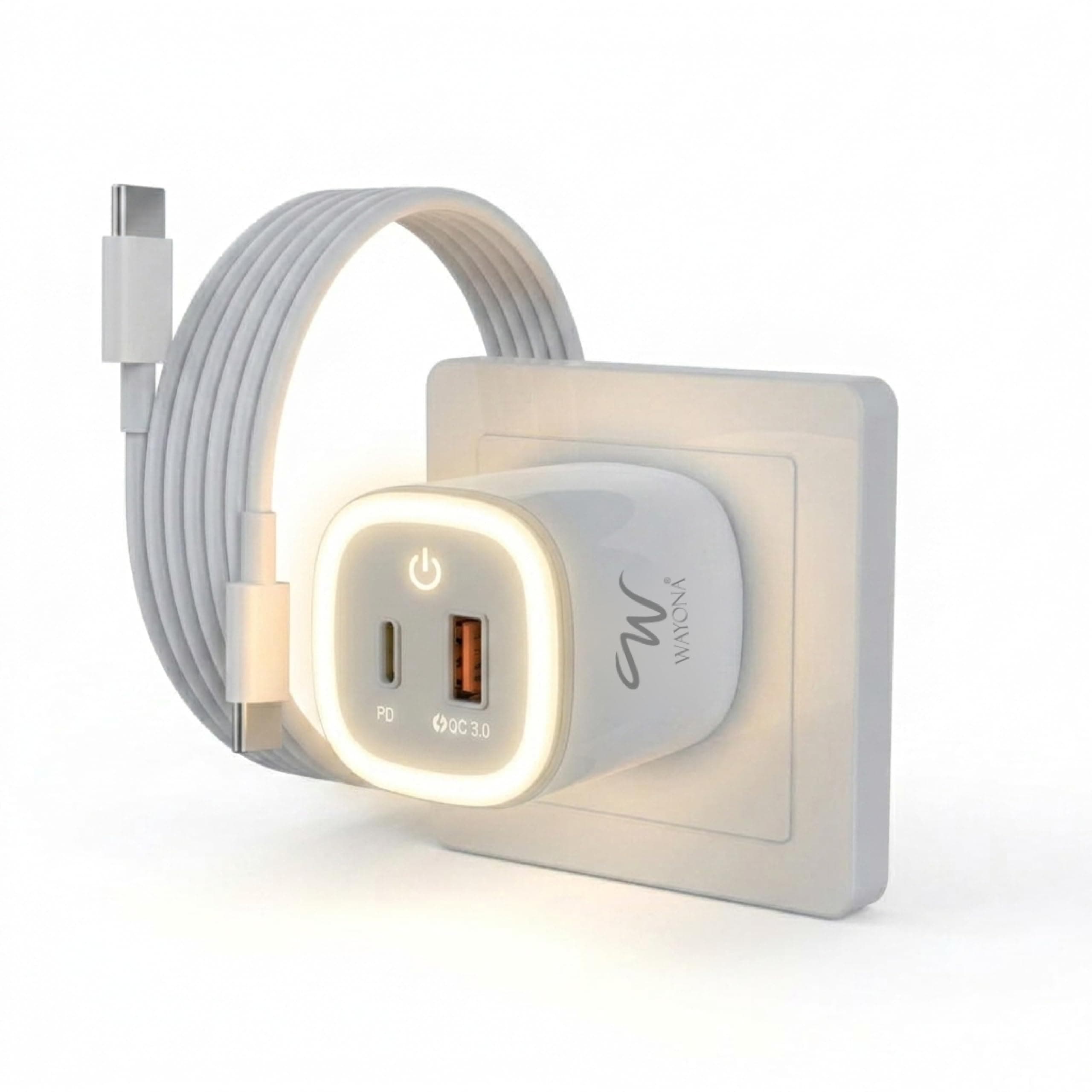 25W Fast Charger | USB C PD Wall Adapter + QC 3.0 USB A | Adjustable Night Light with Dual Port Charging | Compatible with iPhone 17,16/15/14/13, Sams...