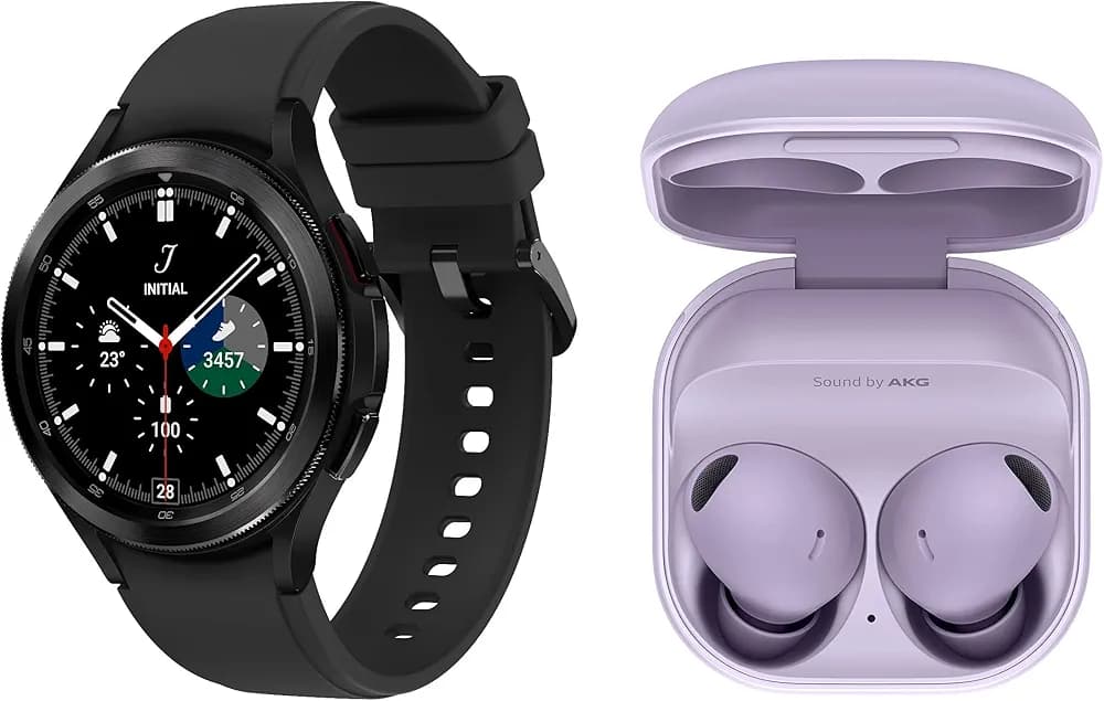 Samsung Galaxy Watch4 Classic LTE (4.6cm, Black) & Galaxy Buds2 Pro, Bluetooth Truly Wireless in Ear Earbuds with Noise Cancellation (Bora Purple, with Mic)