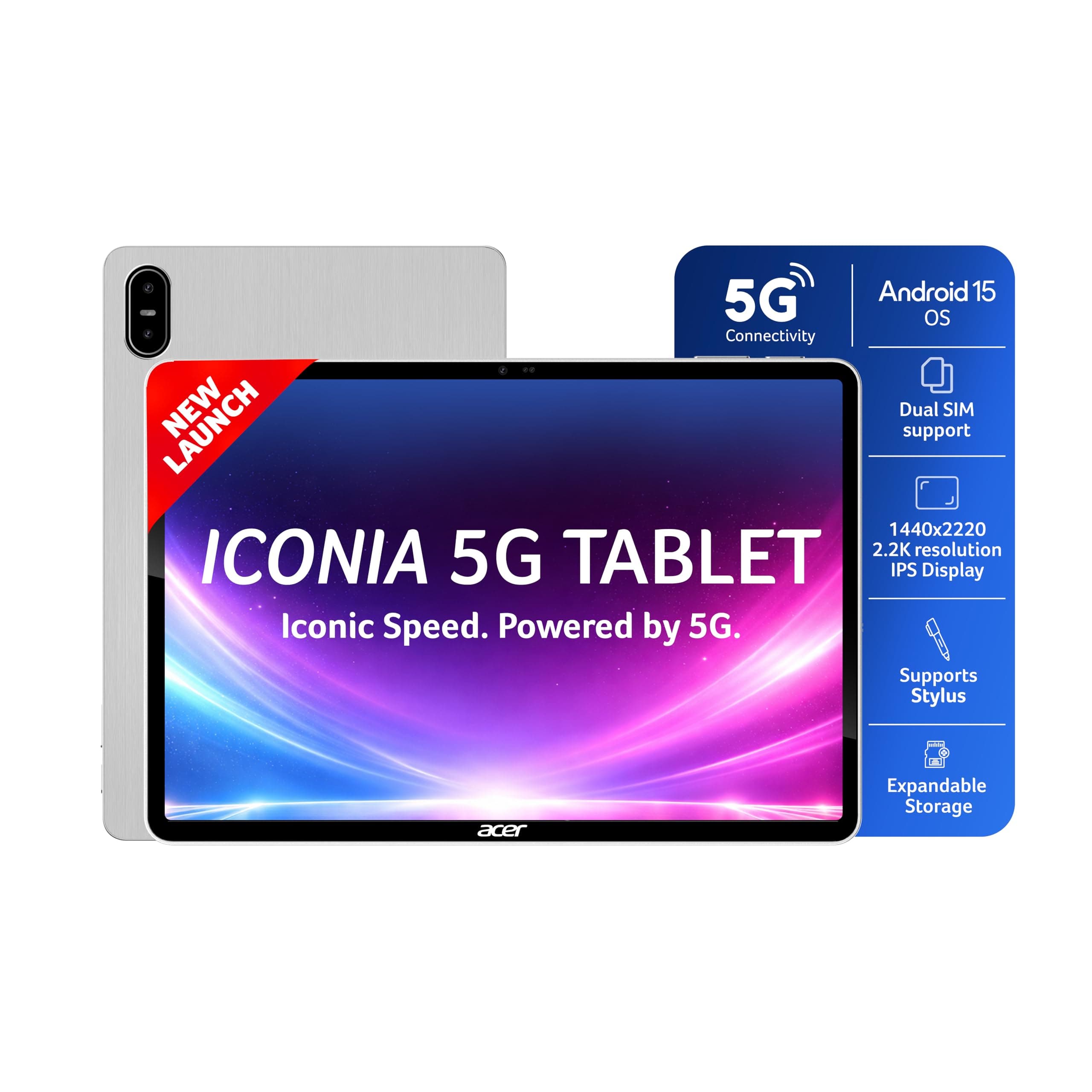 Acer Iconia 5G Tablet|11.45" 2.2k90Hz IPS Display, MediaTek 8791 Processor, 8GB RAM + 128GB Storage, 16MP Rear+8MP Front Camera,Wi-Fi + 5G Volte, Andr...
