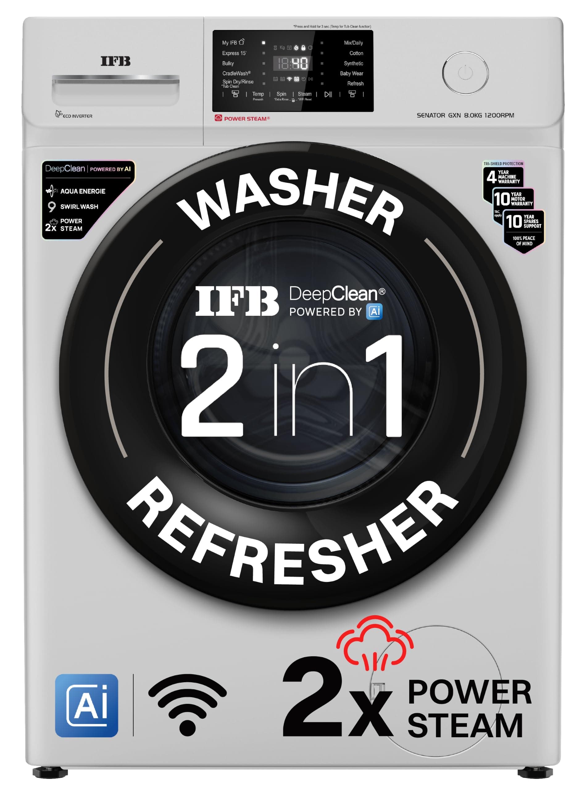 IFB 8 Kg 5 Star with 9 Swirl Wash, AI Powered, Wi-Fi, Fully Automatic Front Load Washing Machine (Senator GXN 8012, Steam Refresh Program with Eco Inv...