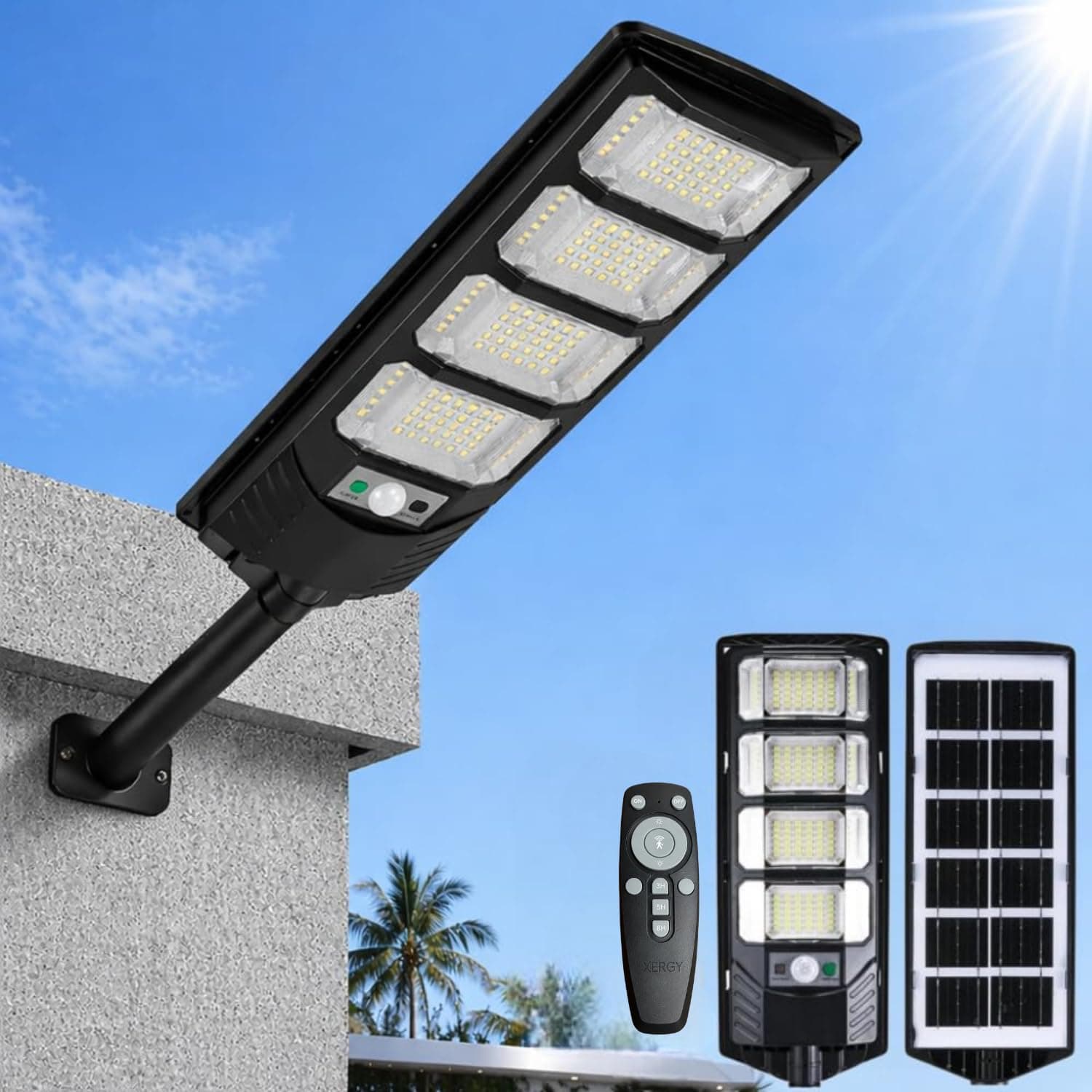 XERGY 200W Solar LED Street Light with Remote -192 LEDs, Motion Sensor, Auto On/Off Dusk to Dawn Sensor, IP65 Waterproof, 6W Panel, 4000mAh Battery–Outdoor Lighting for Garden, Yard, Driveway, Garage