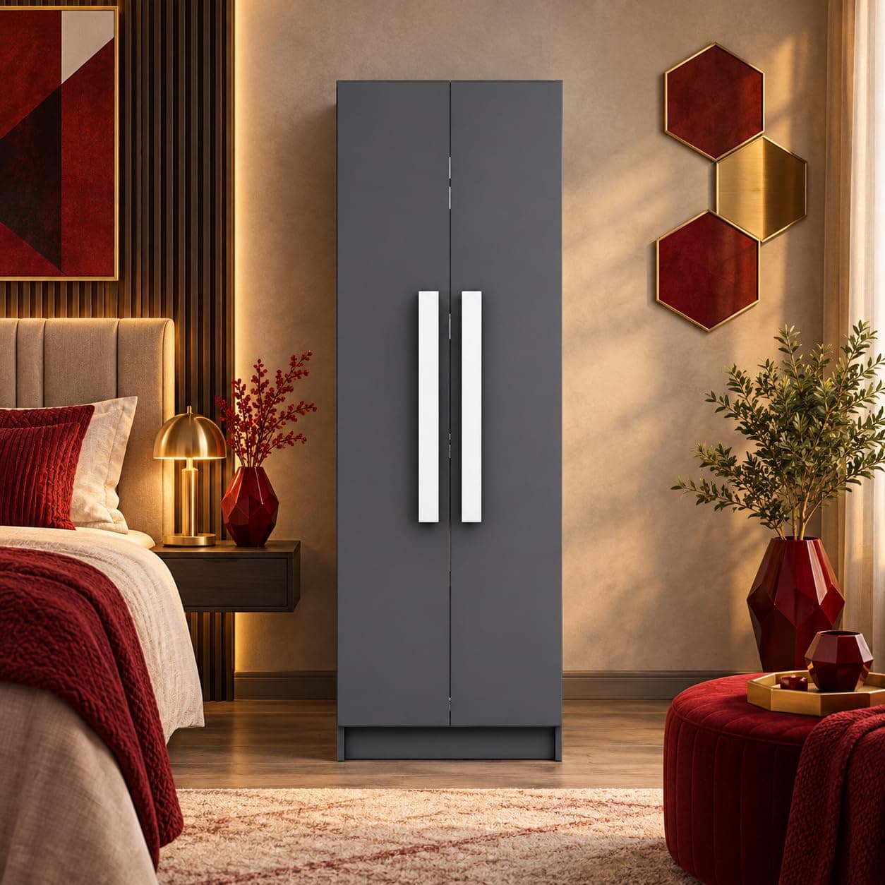 Bniture Wooden Almirah for Clothes, Door for Bedroom, 2 Door Wardrobe with 4 Shelves Huge Storage Space (46D x 60W x 182H CM) | 3 Year Warranty (Slate...