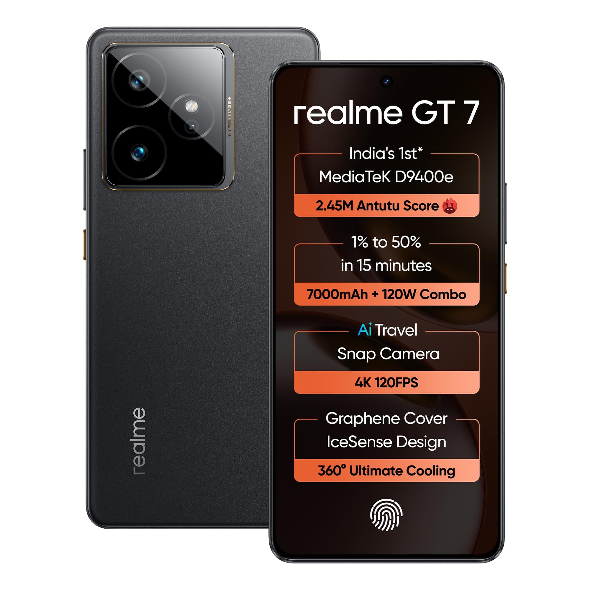 realme GT 7 (IceSense Black,12GB+512GB)| India's 1st MediaTek Dimensity 9400e Chipset | Strongest Battery Combo 7000mAh + 120W | AI 4K 120FPS Travel C...