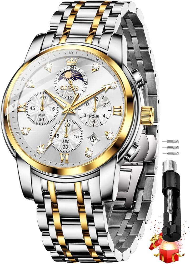 OLEVS Chronograph Watches for Men Original Analog Quartz Black Stainless Steel Chain Luxury Dual Time Zone Moon Phase Date Waterproof Men's Wrist Watc...