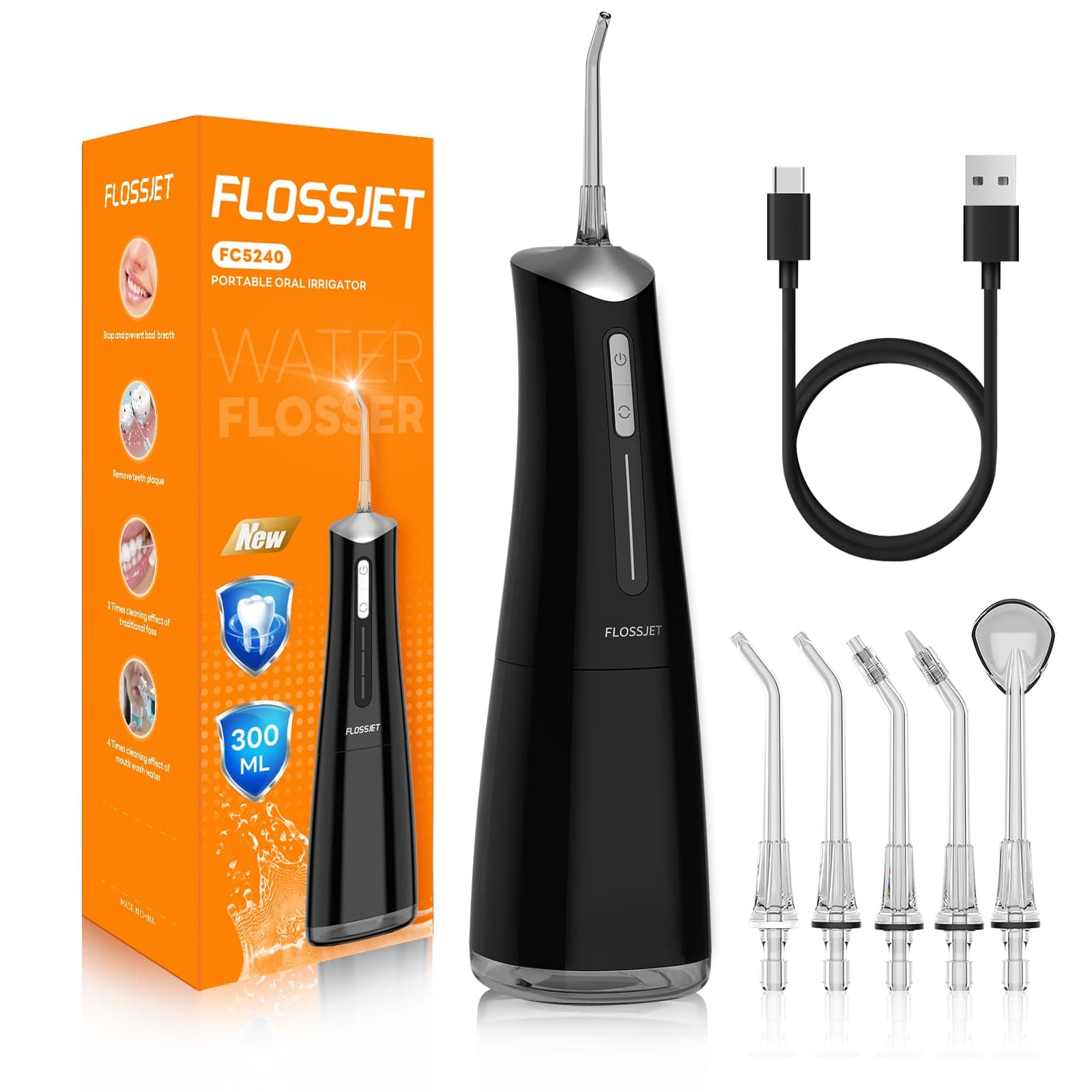 Water Dental Flosser for Teeth Cordless with 300ML 4 Cleaning Modes 5 Jet Tips Portable Oral Irrigator USB-Powered Electric Flosser IPX7 Waterproof Irrigator Dental for Home and Travel Black (Black)