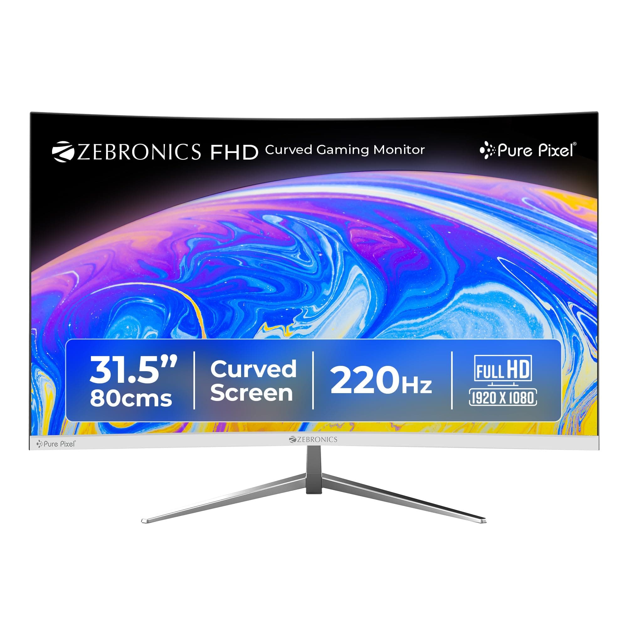 Zebronics 31.5 Inch FHD Curved Gaming Monitor with 220Hz, 300 nits, 1ms MPRT, HDR10, 1080p, Adaptive Sync, HDMI & DP Port, USB, Built-in Speakers, Wal...