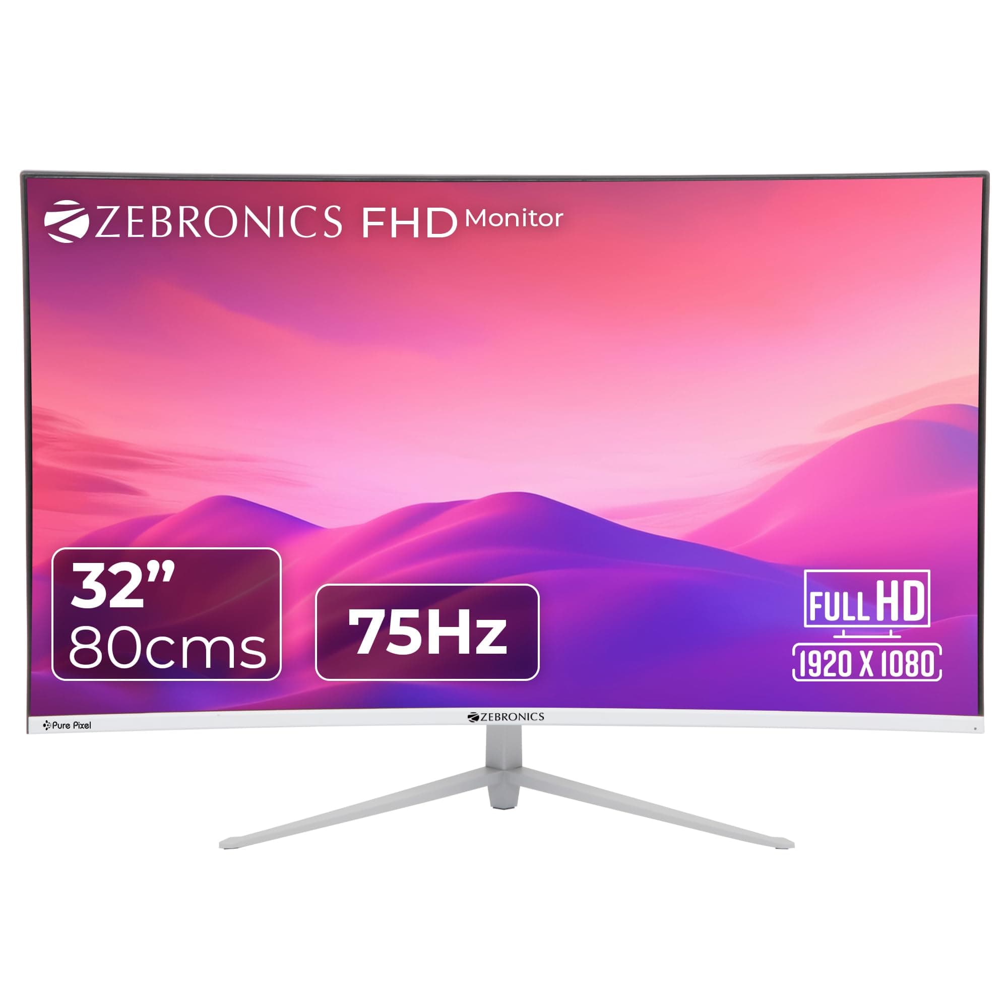 Zebronics ZEB-AC32FHD Curved Ultra Slim LED Monitor with 80cm (32”) Wide Screen, Full HD 1920x1080, 75Hz Refresh Rate, HDMI, VGA, 250cd/m² Brightness, Built in Speaker and Wall mountable