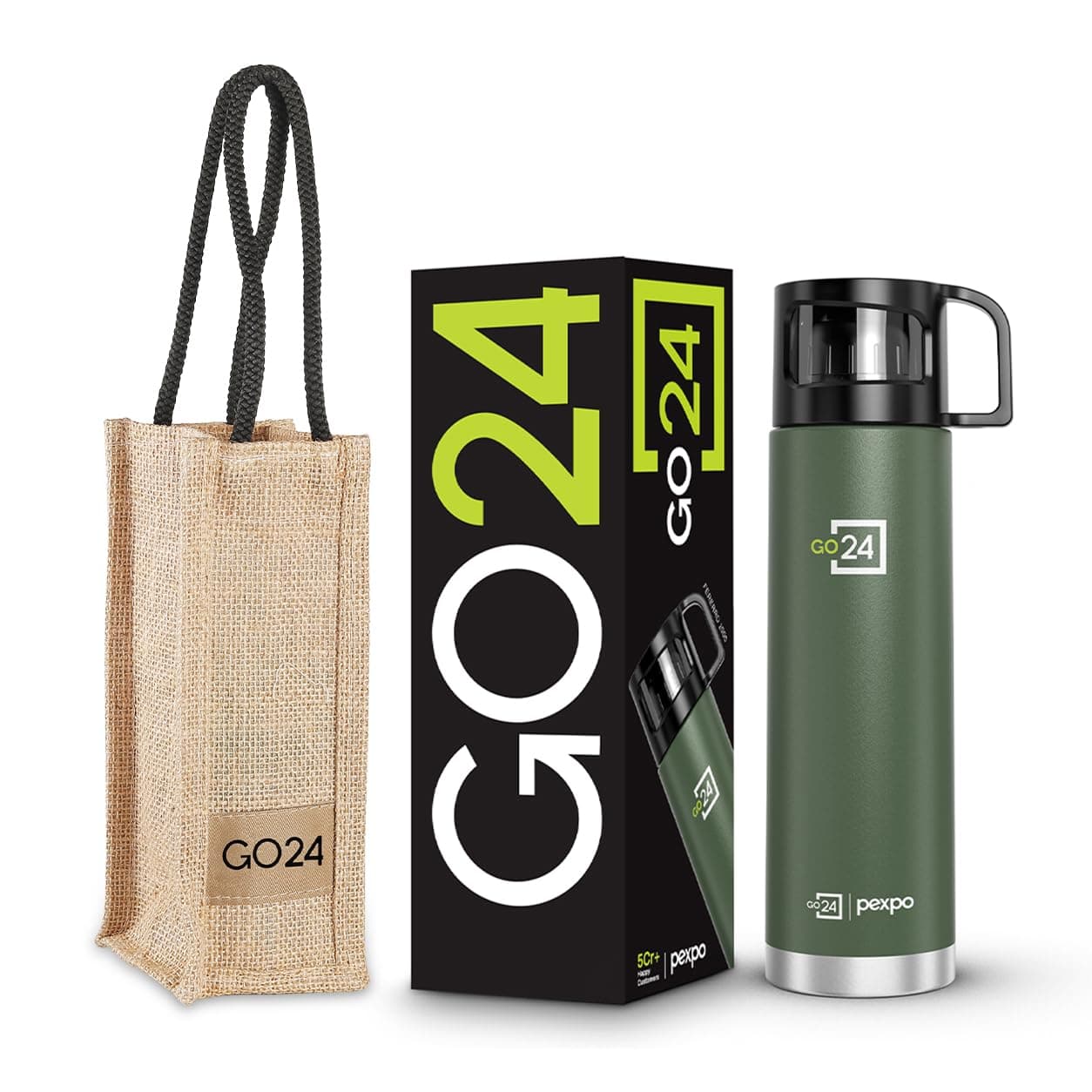 Pexpo Fererro |ISI Certified|Vacuum Insulated Hot & Cold Stainless Steel Flask|Jute Bag|- 1000ml Military Green|Steel Bottle|Thermoflask|Leak Proof|Tr...