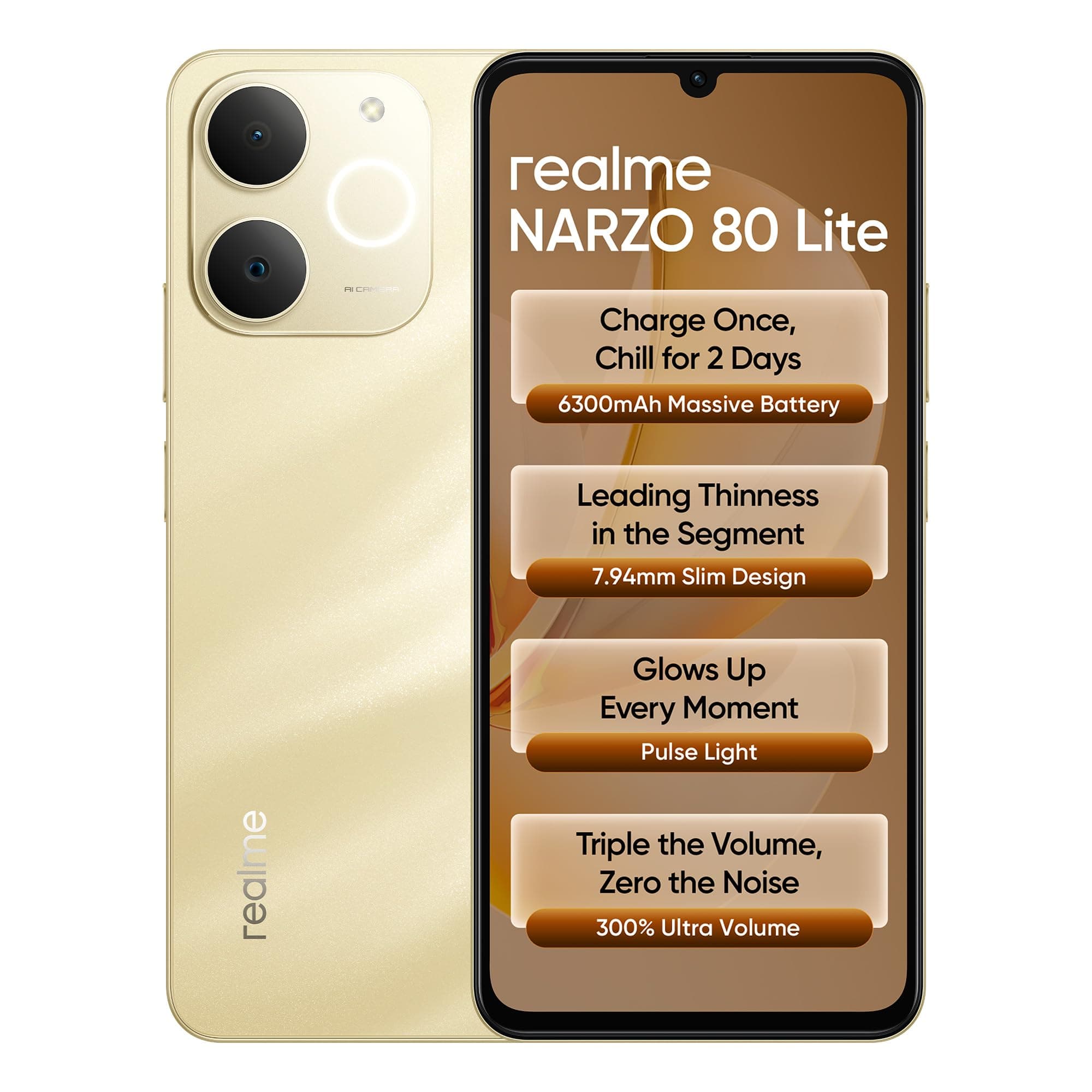 realme NARZO 80 Lite 4G (Beach Gold 2026, 4GB+64GB) | 6300mAh Segment's Biggest Battery | 7.94mm Slim Design | 300% Ultra Volume | Pulse Light: 9 Colo...