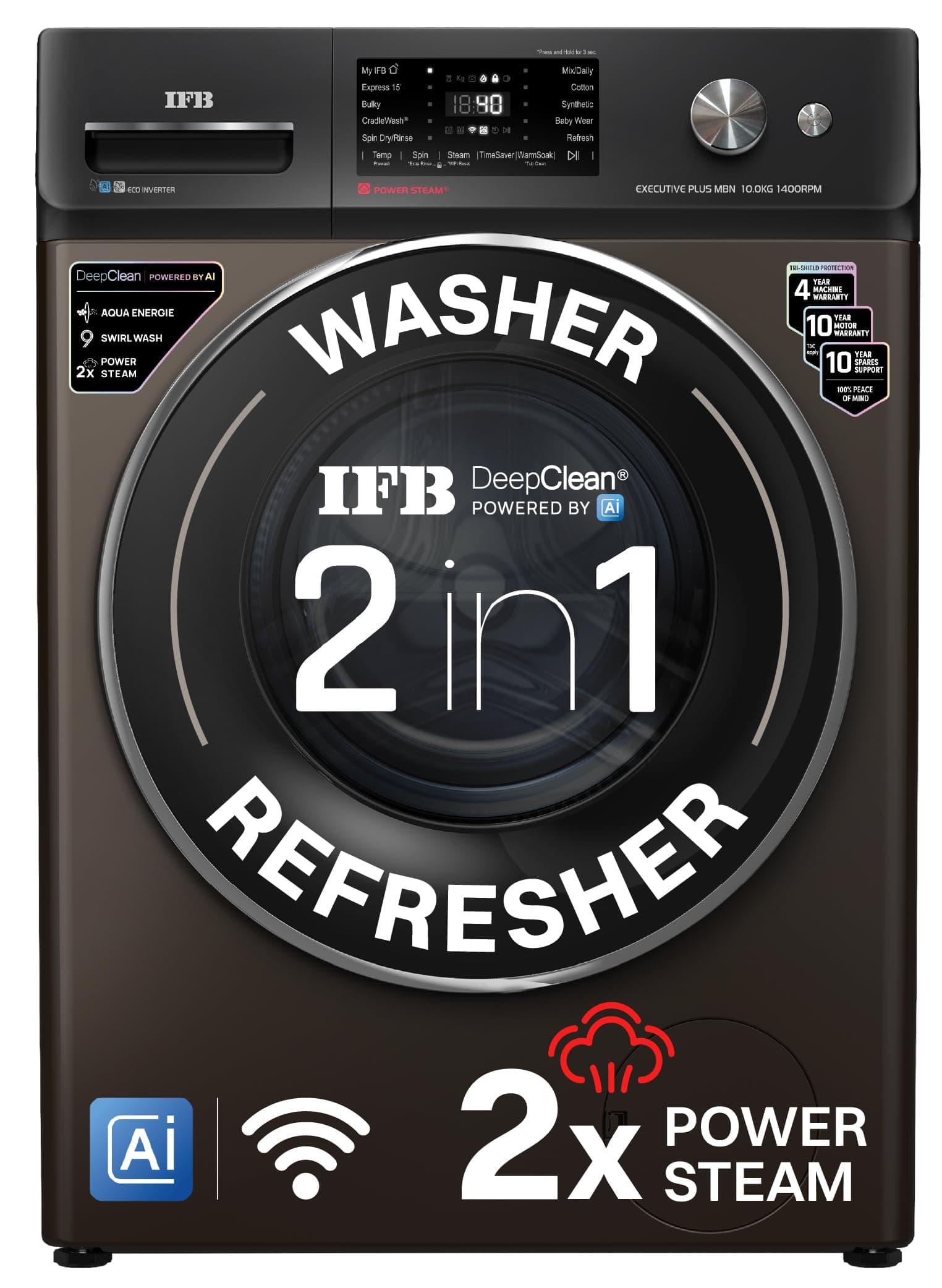 IFB 10 Kg 5 Star, DeepClean Technology, AI Powered, WiFi, Fully Automatic Front Load Washing Machine (EXECUTIVE PLUS MBN 1014K,PowerSteam,9 Swirl, Ste...