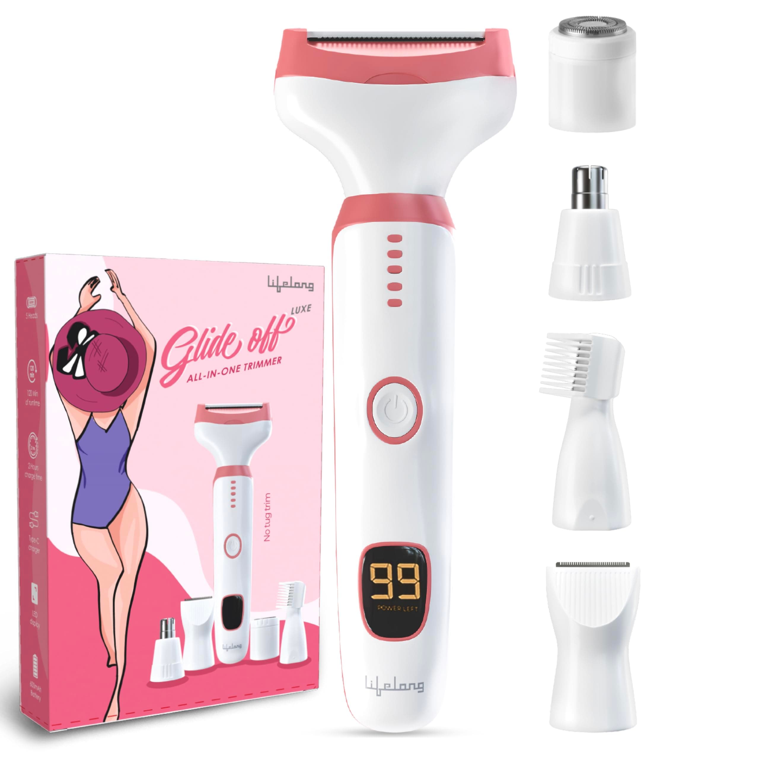 Lifelong GlideOff Luxe 5-in-1 Face & Body Trimmer for Women| Electric Shaver & Razor with 5 Interchangeable Heads for Bikini, Eyebrow, Nose & Ear Hair...