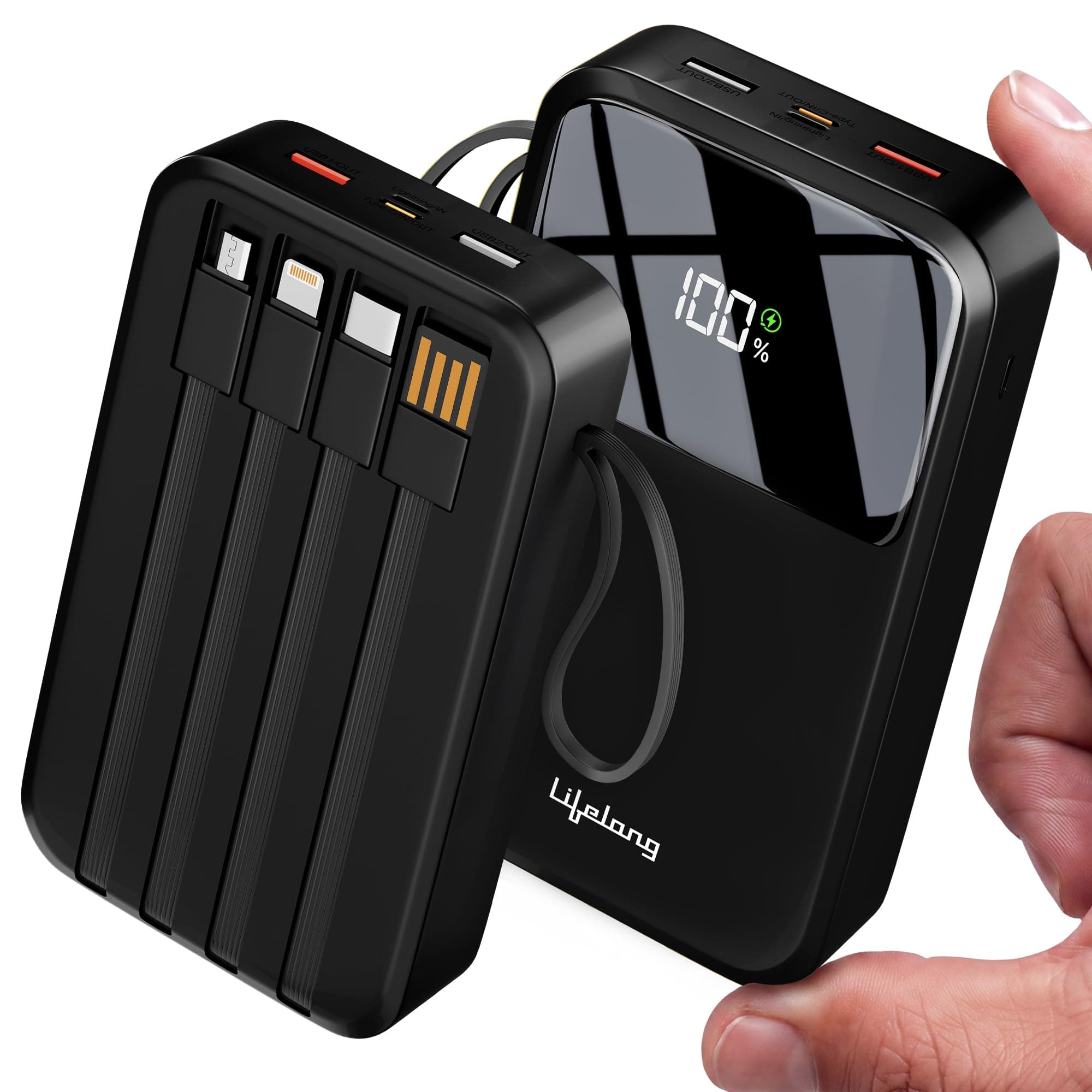 Lifelong Electronics 20000mAh 22.5W Fast Charging Power Bank | 3 Inputs (1 Built-in USB A Cable + 1 C + 1 Lightning Port) & 6 Outputs (3 Built-in Cabl...