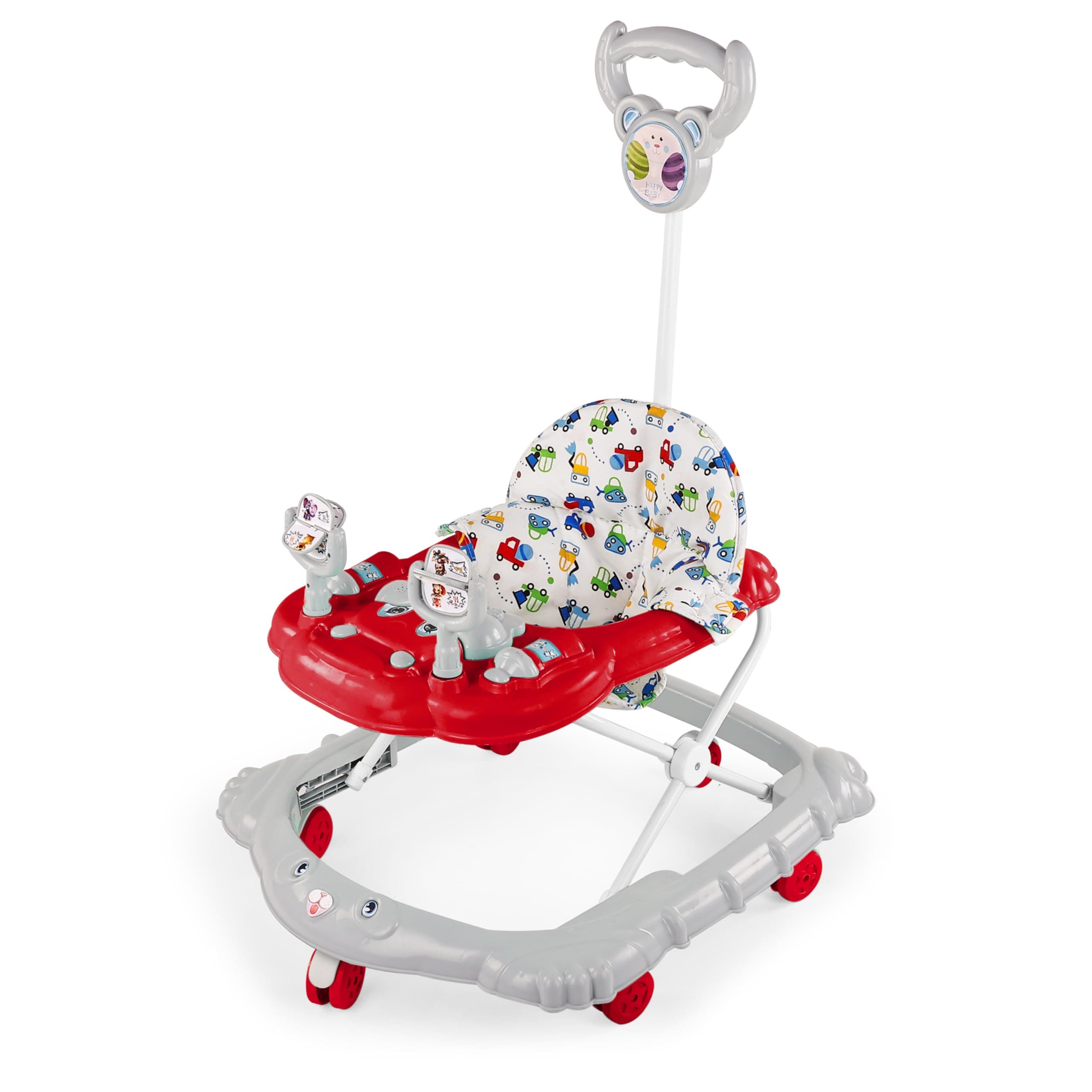 BabyGo Jonny Walker for 6-24 Months, Baby Walker with Push Handle & Activity Tray – Foldable Adjustable Height Infant Walker with Wheels, Music,Toy Bar and Comfotable seat (Red-Grey)