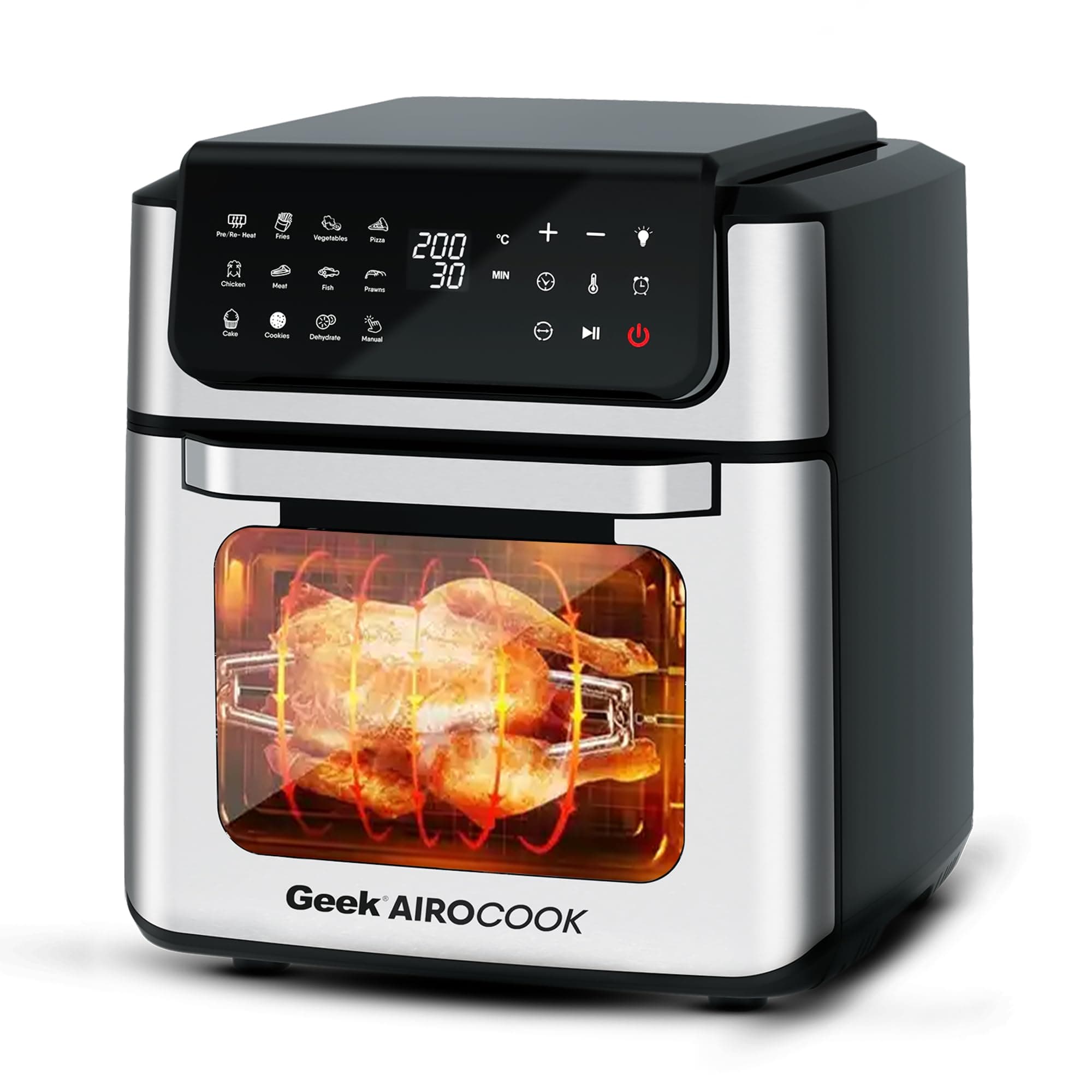 Geek AiroCook Helix 12 Litres Air fryer, 12 Preset Menus, 8-in-1 Digital Touch Airfryer Oven with Airfry, Bake, Rotisserie, Grill, Toast, Broil, Dehyd...