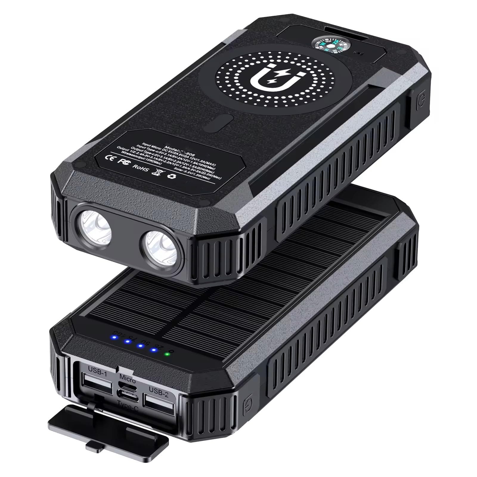 LRSA Solar Power Bank, 40000mAh, Magnetic Wireless Charging, with LED Flashlight and Compass, for Camping (Black)