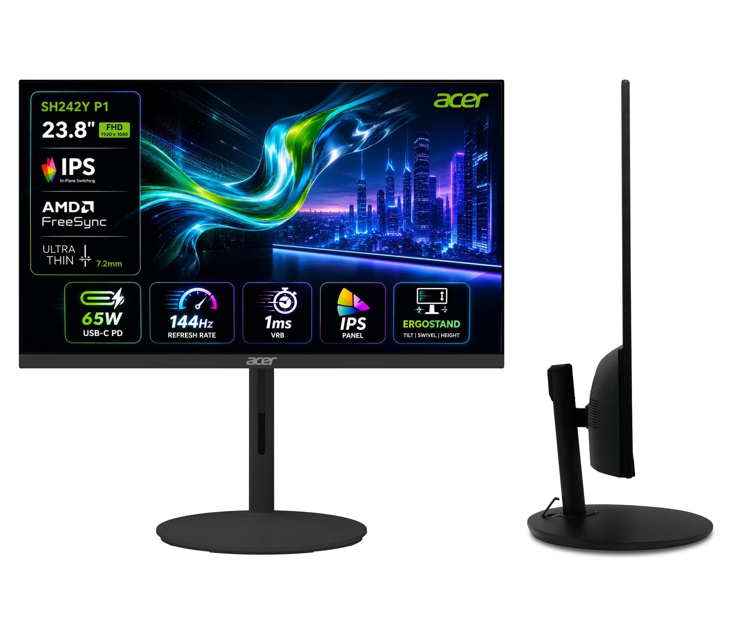Acer SH242Y P1 23.8 Inch FHD IPS Gaming Monitor I 144Hz Refresh Rate I 1ms VRB I USB Type-C 65W PD I AMD FreeSync I Ultra Slim Design I ErgoStand I HD...