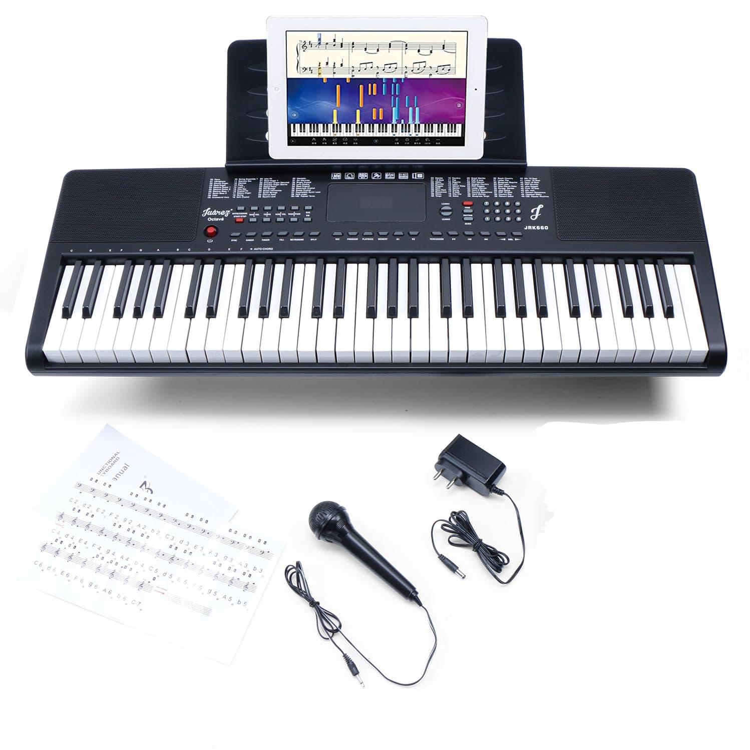 JUAREZ Octavé JRK660 61-Key Electronic Teaching Keyboard Piano with LED Display | Adapter | Key Note Stickers |Music Sheet St