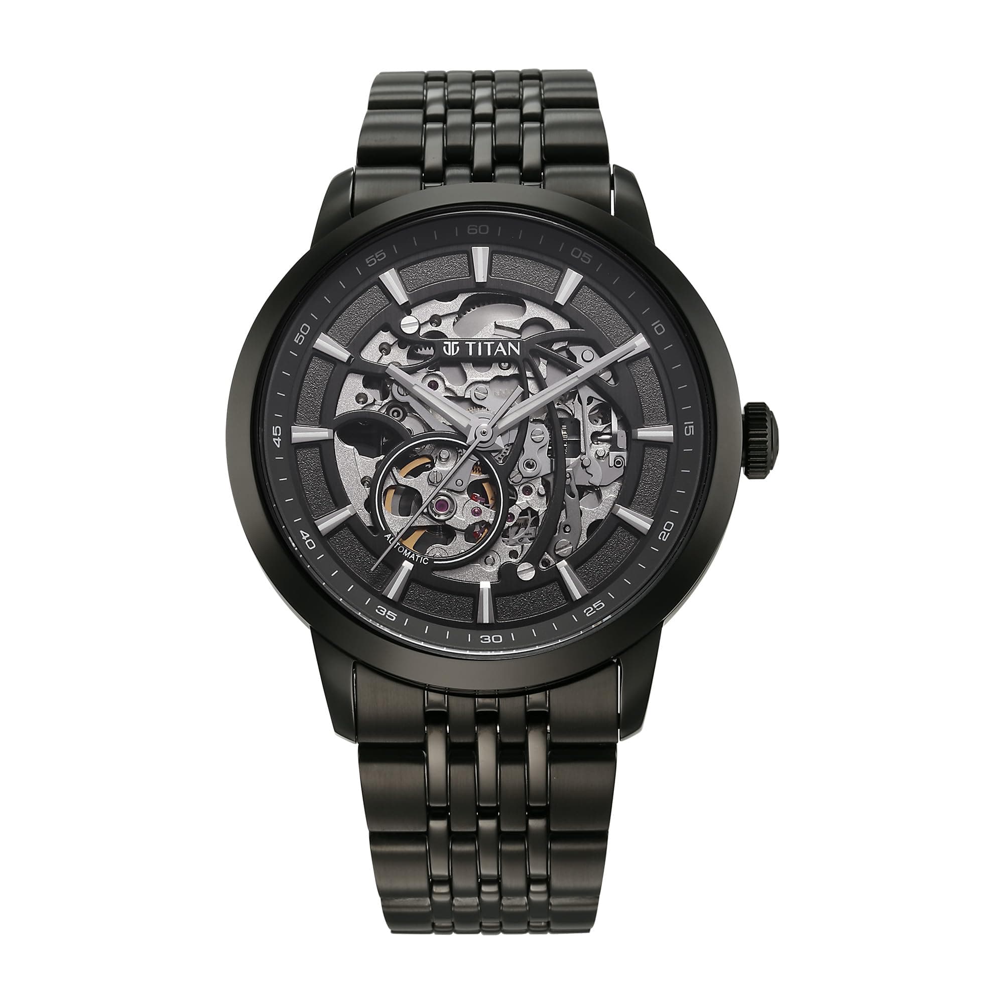Titan Phoenix Skeletal Automatic Analog with Gun Dial Black Stainless Steel Strap Watch for Men