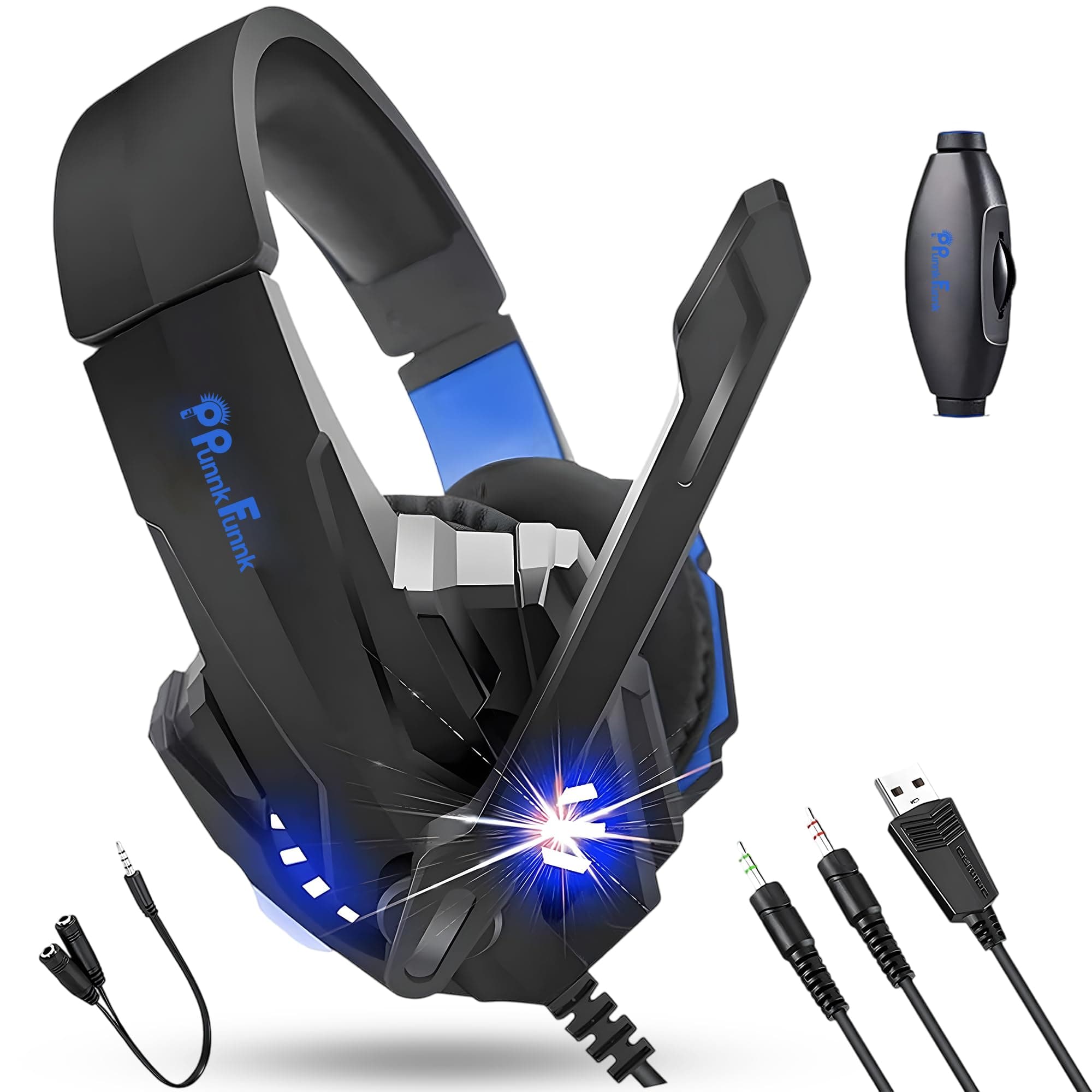 PunnkFunnk K20 Gaming Headset with Noise Isolating Microphone, Stereo Sound, LED Lights, Adjustable Headband, USB Powered & 3