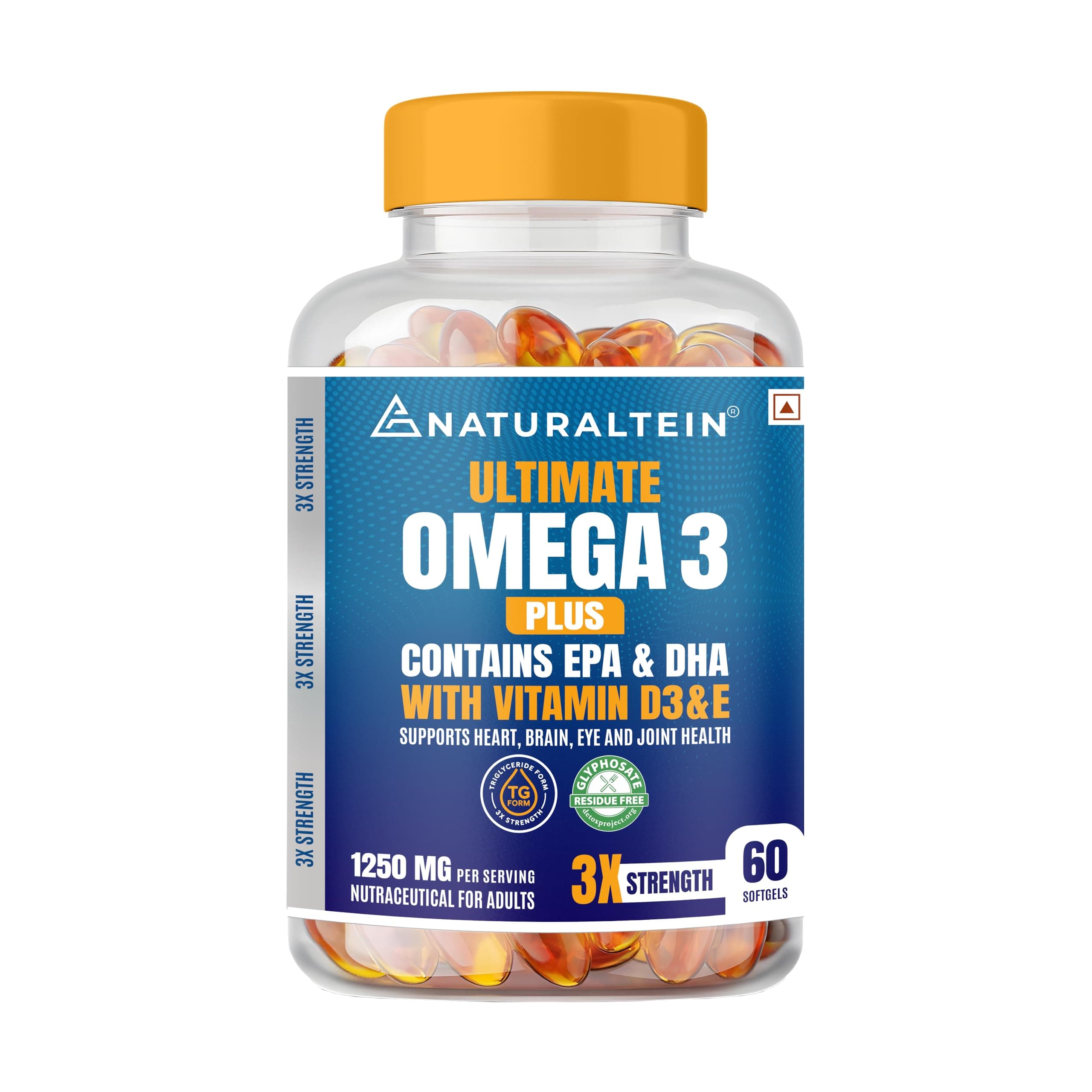 NATURALTEIN Ultimate Omega-3 plus Fish Oil 1250mg Triple Strength Softgel Capsules with vitamin D3 and E | 450mg EPA & 300mg DHA in Triglyceride Form ...