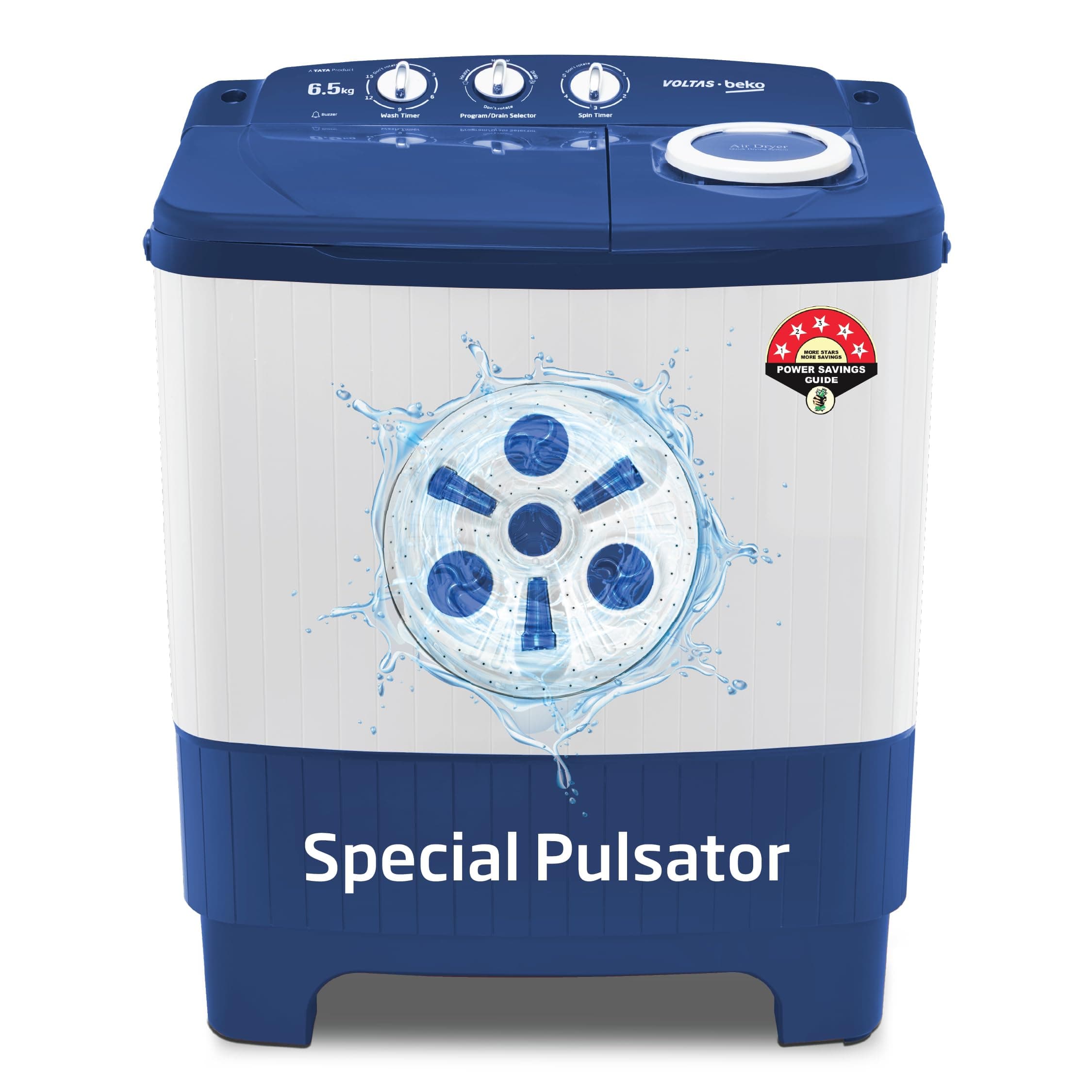 Voltas Beko, A Tata Product 6.5 Kg 5 Star Semi-Automatic Top Loading Washing Machine (2024 Model, WTT65UNX/OK3I0I0W01, Blue, Pulsator wash technology)