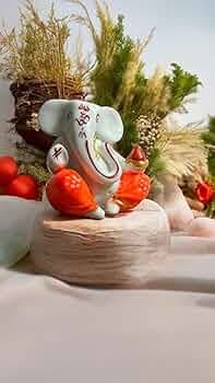 DEVINE Tilak Ganesh Idol - 2.5x2.5 Inch White & Orange Marble Ganpati Statue for Car Dashboard, Small/Medium Ganesha Murti Figurine, Religious